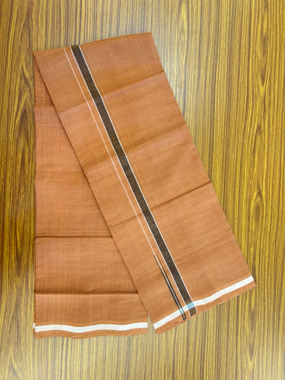 HANDLOOM Single KaithariKada - 10% Discount ! 100% Pure Cotton - Mundu/Dhoti KAVI COLOUR BODY 2cm BLACK & WHITE Kara Stripes Chutty (2 meter / 4 muzham)- 12KK8026ELA