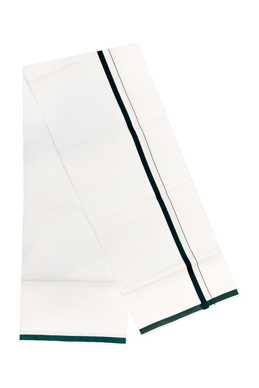 15% OFFER!! KaithariKada 100% Cotton PURE WHITE SINGLE Mundu/Dhoti-40X40 2cm (2 meter / 4 muzham) Dark Green Kara- 12sar