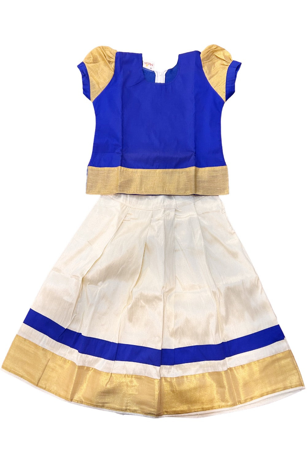 Midukki-Traditional South Indian Kids Pattu Pavada- Blue top offwhite skirt with kasavu - Age 6 - KK6MID0012