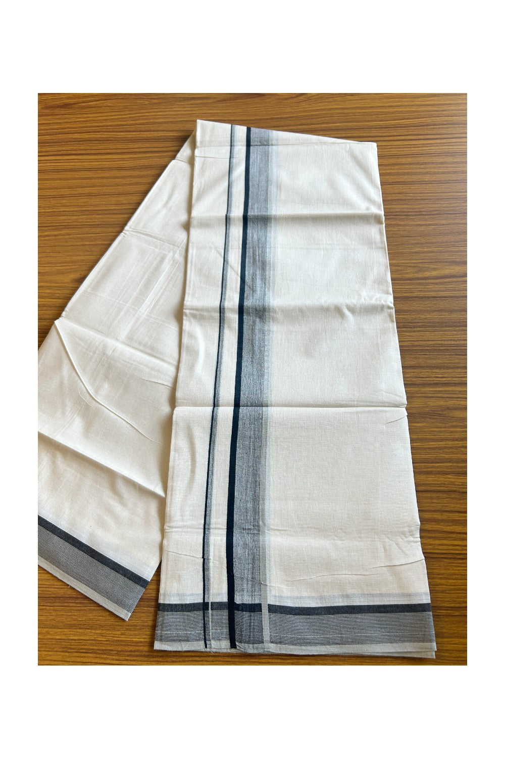 15% DISCOUNT! KaithariKada Balaramapuram 100% Cotton Off white (Unbleached) Double Mundu/Dhoti-100x90 2.5inch Black Shaded kara - 12KK431VAS
