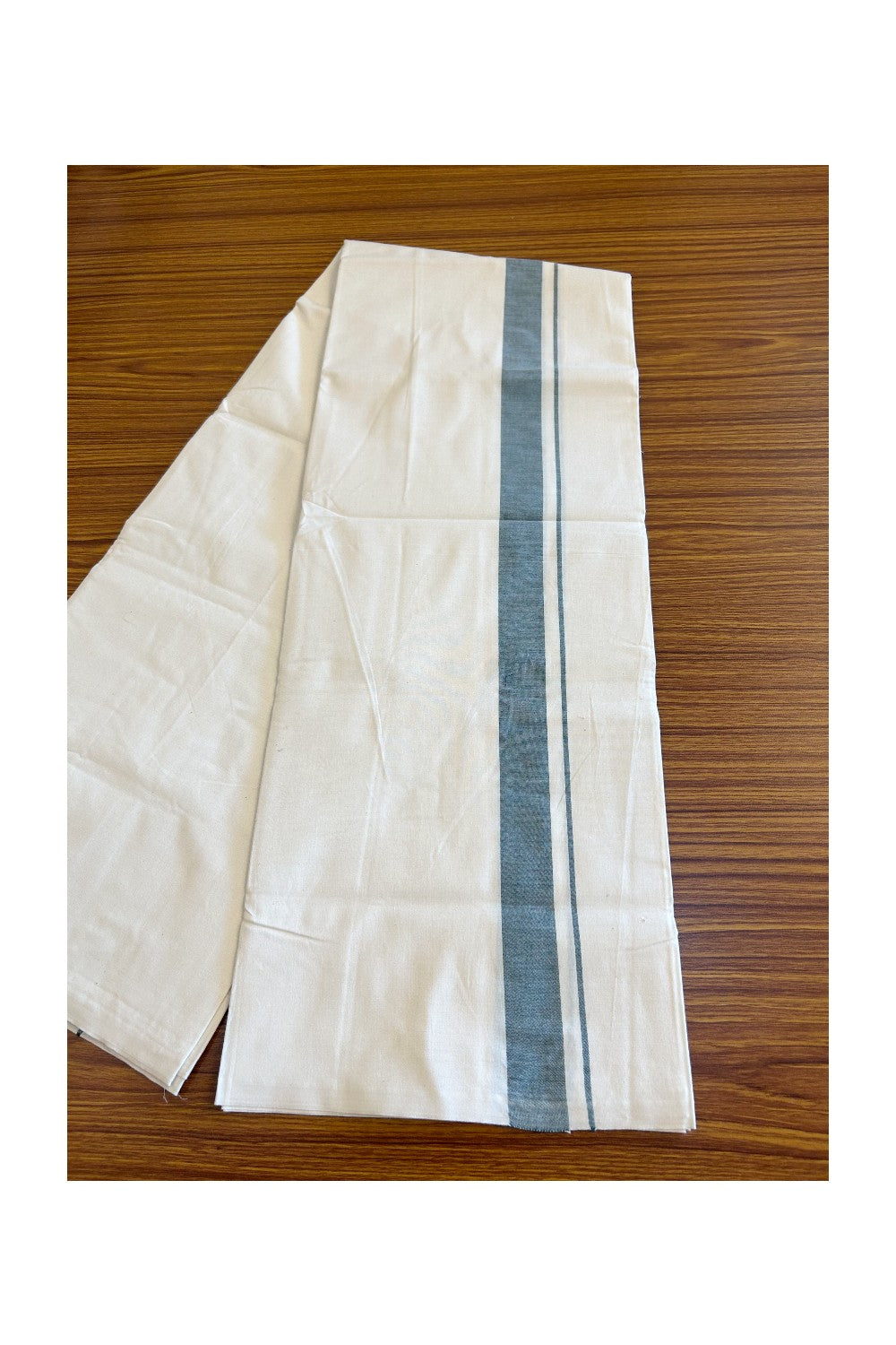 6% DISCOUNT ! KaithariKada Balaramapuram 100% COTTON SINGLE OFF WHITE - (Unbleached) Mundu/Dhoti-Twisted 100s Thread- 1.5 inch Green Kara (2 meter / 4 muzham) - 12KK497ASH