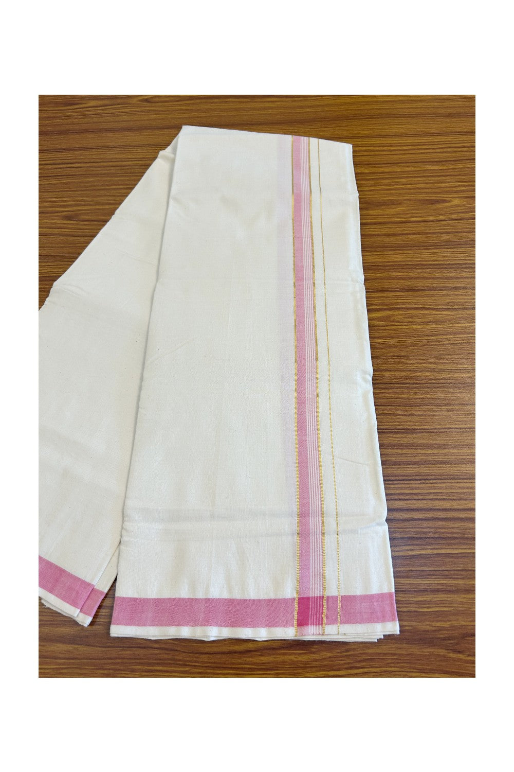 25% Discount KaithariKada 100% Cotton Balaramapuram HANDLOOM Single Mundu/Dhoti - Off White - (Unbleached) 1.5 inch Kasavu & Pink Striped Kara (2 meter / 4 muzham) - 12KK499KK