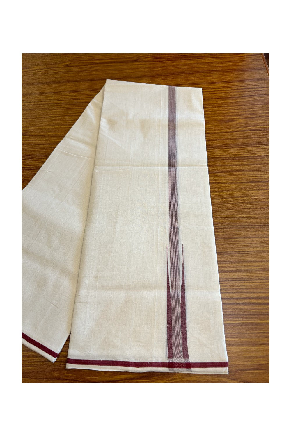 30% DISCOUNT!! KaithariKada HANDLOOM UNAKKUPAAV Balaramapuram - 100% PURE Cotton OFF White - (Unbleached) Double Mundu/Dothi - Puliyilakkara chutty 1 inch Maroon & Silver stripes - 12KK5011RAM