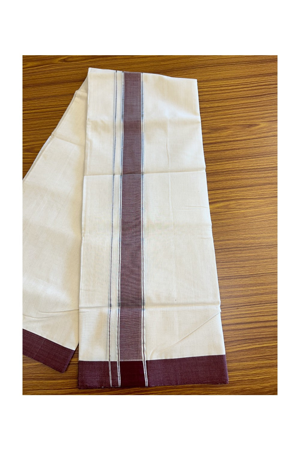 25% Discount KaithariKada HANDLOOM Unakkupaav Balaramapuram - 100% PURE Cotton off white (Unbleached) Double Mundu/Dhoti - 2.5 inch Vine Brown & Silver Kasavu Kara-162