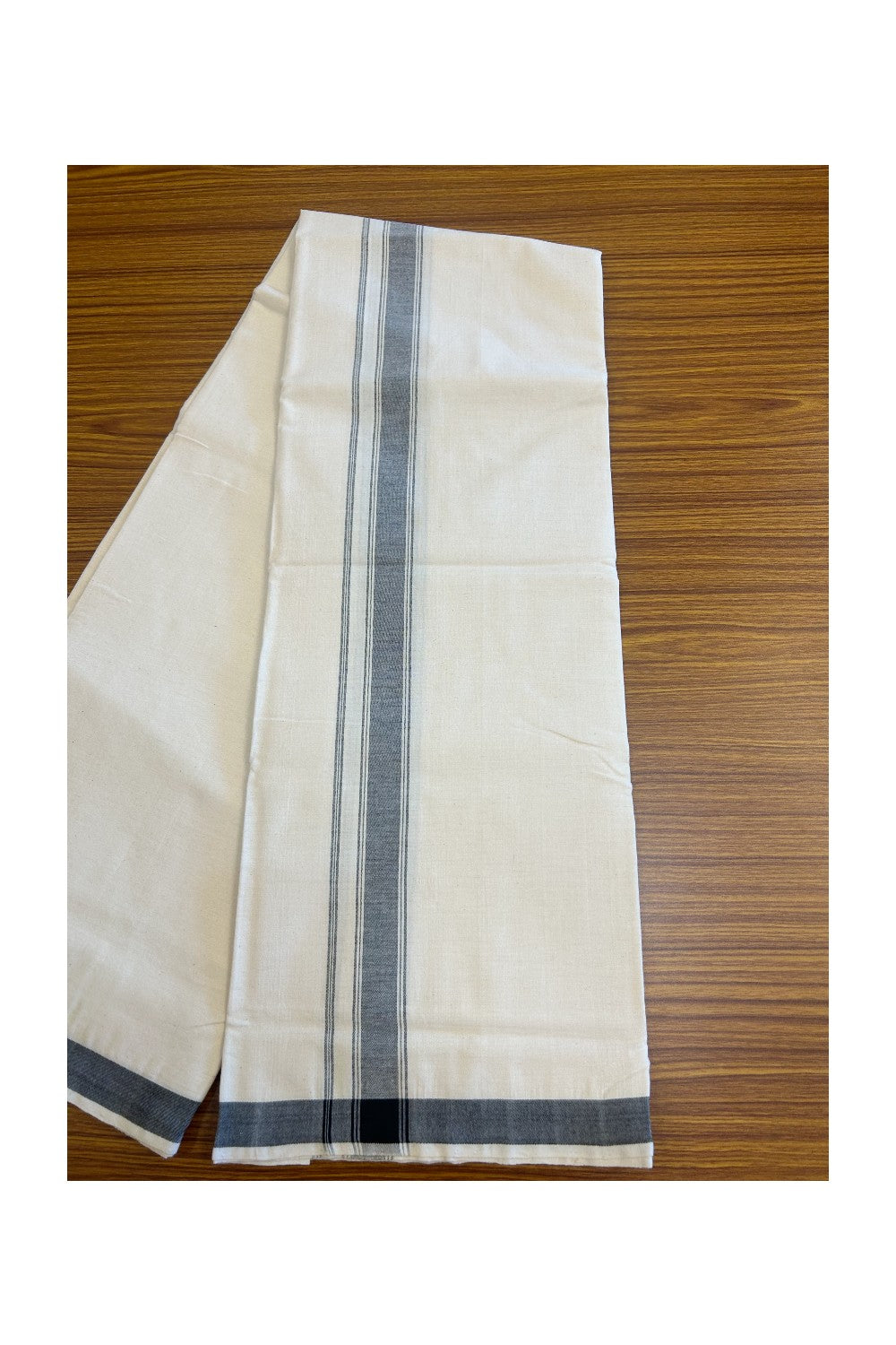 30% Discount KaithariKada 100% Cotton Balaramapuram HANDLOOM Single Mundu/Dhoti - Off White (Unbleached) 1.75inch (2 meter / 4 muzham) Black Kara Stripes- 328