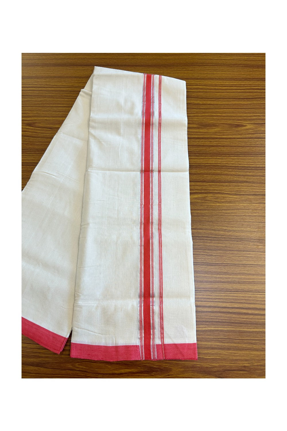 30% DISCOUNT! KaithariKada BALARAMAPURAM HANDLOOM UNAKKUPAAV - 100% PURE Cotton off white (Unbleached) Double Mundu/Dhoti - 1.75 inch Pink Red & Silver Kasavu Designer Kara- 3.60 mtr (8 Muzham)-52