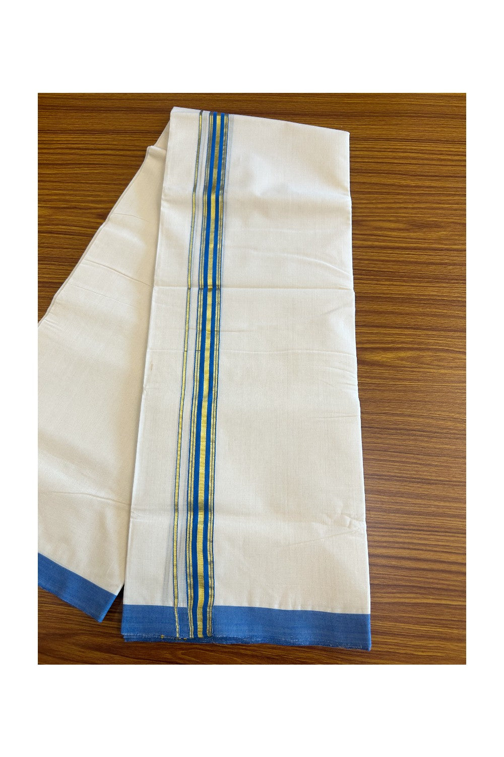 25% Discount KaithariKada Balaramapuram Handloom 100% Cotton Double Off white (Unbleached) Mundu/Dhoti-100X100- 1.75inch Gold Kasavu & Blue Kara.-5.