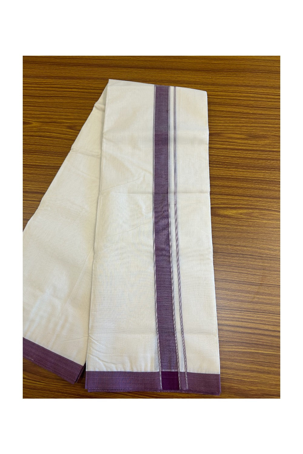 NEW !! 14% DISCOUNT!! KaithariKada Balaramapuram 100% Cotton Double Off white - (Unbleached) Mundu/Dhoti-100x80 - 1 inch PURPLE ,VIOLET KARA - 3.75 mtr (8 Muzham)