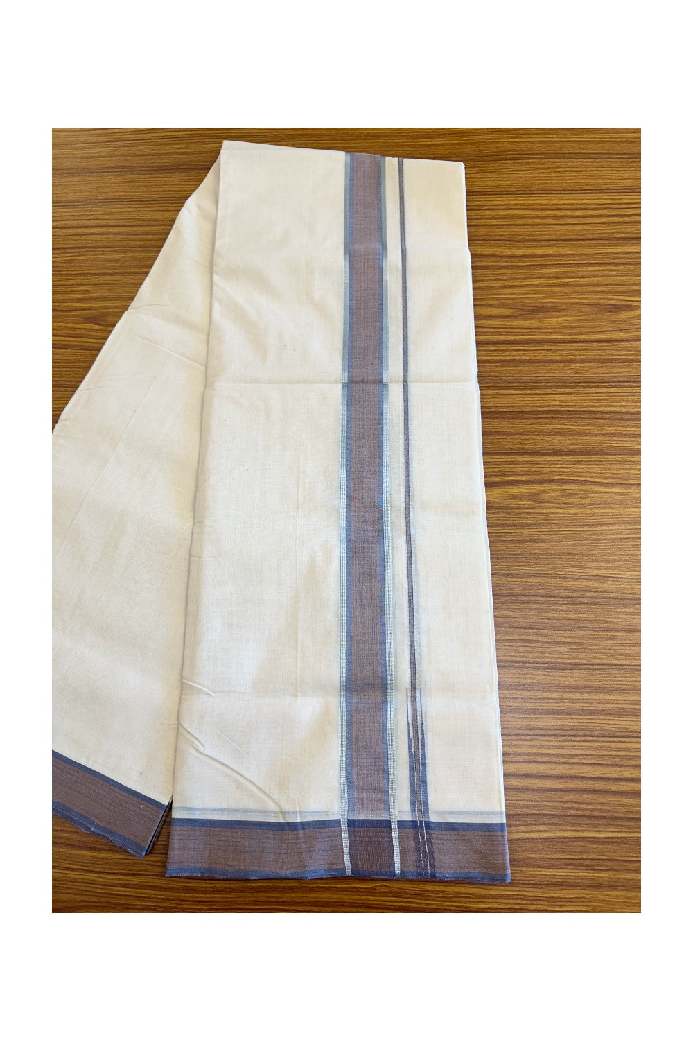 30% DISCOUNT!! KaithariKada BALARAMAPURAM HANDLOOM Unakkupaav- 100% PURE Cotton 100x100 Double Mundu/Dhoti OFF WHITE - (Unbleached) PULIYILAKKARA SILVER & Kasavu BLUE & BROWN COLOUR 1.5 inch KARA-1KK44RAM.