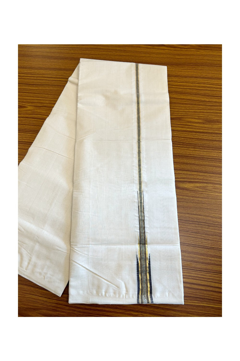 30% DISCOUNT!! KaithariKada HANDLOOM Millpaav Balaramapuram - 100% PURE Cotton OFF White (Unbleached) Double Mundu/Dothi - Puliyilakkara Kasav & Black temple Chutty - 46KK403RAM