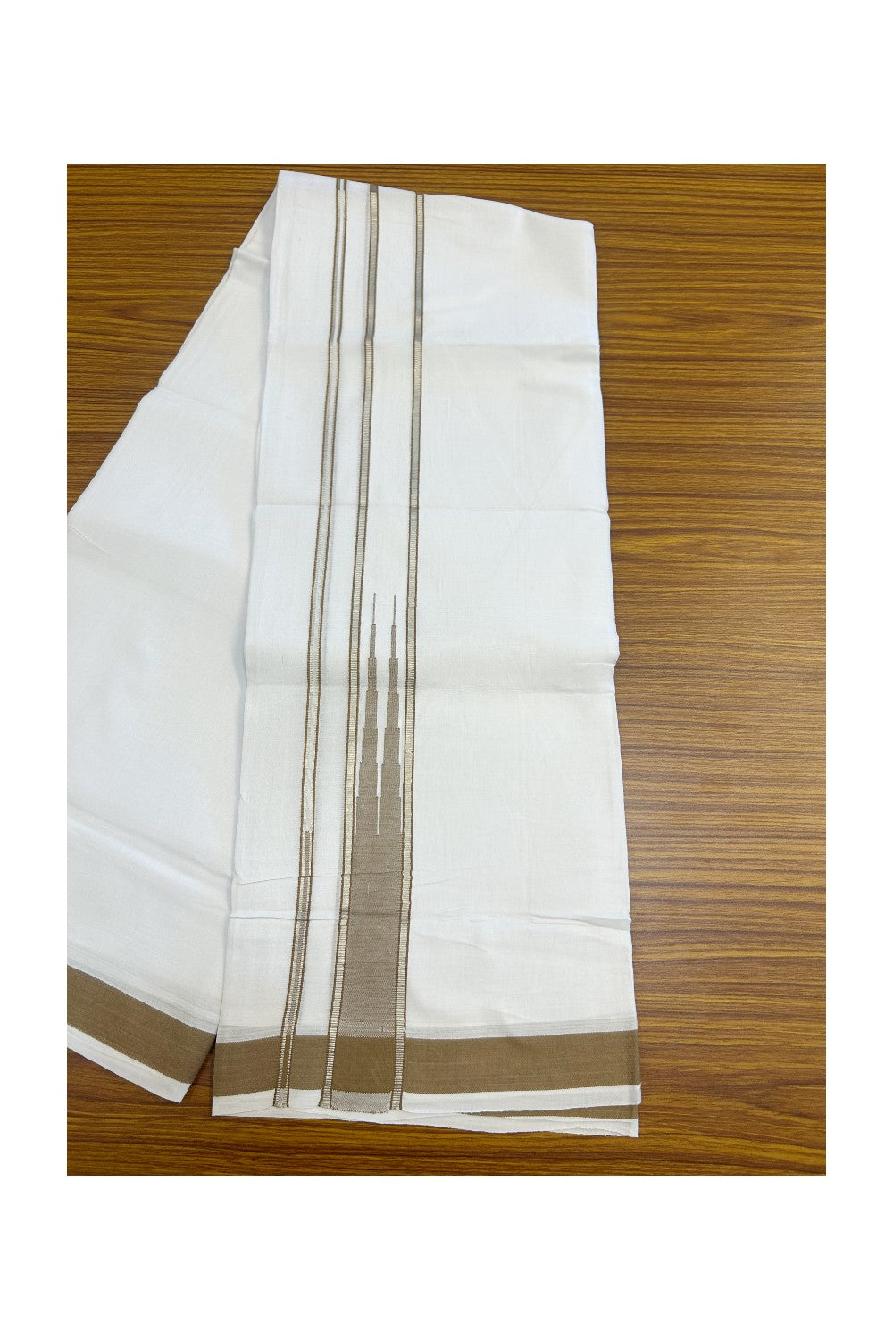 25% DISCOUNT! KaithariKada Balaramapuram 100% Mercerised Cotton Double ULTRA PURE white Mundu/Dhoti - 120x120 - 1.5 inch Heavy Chutty Silver Kasavu & peanut Brown Shaded Kara -12KK5139THI