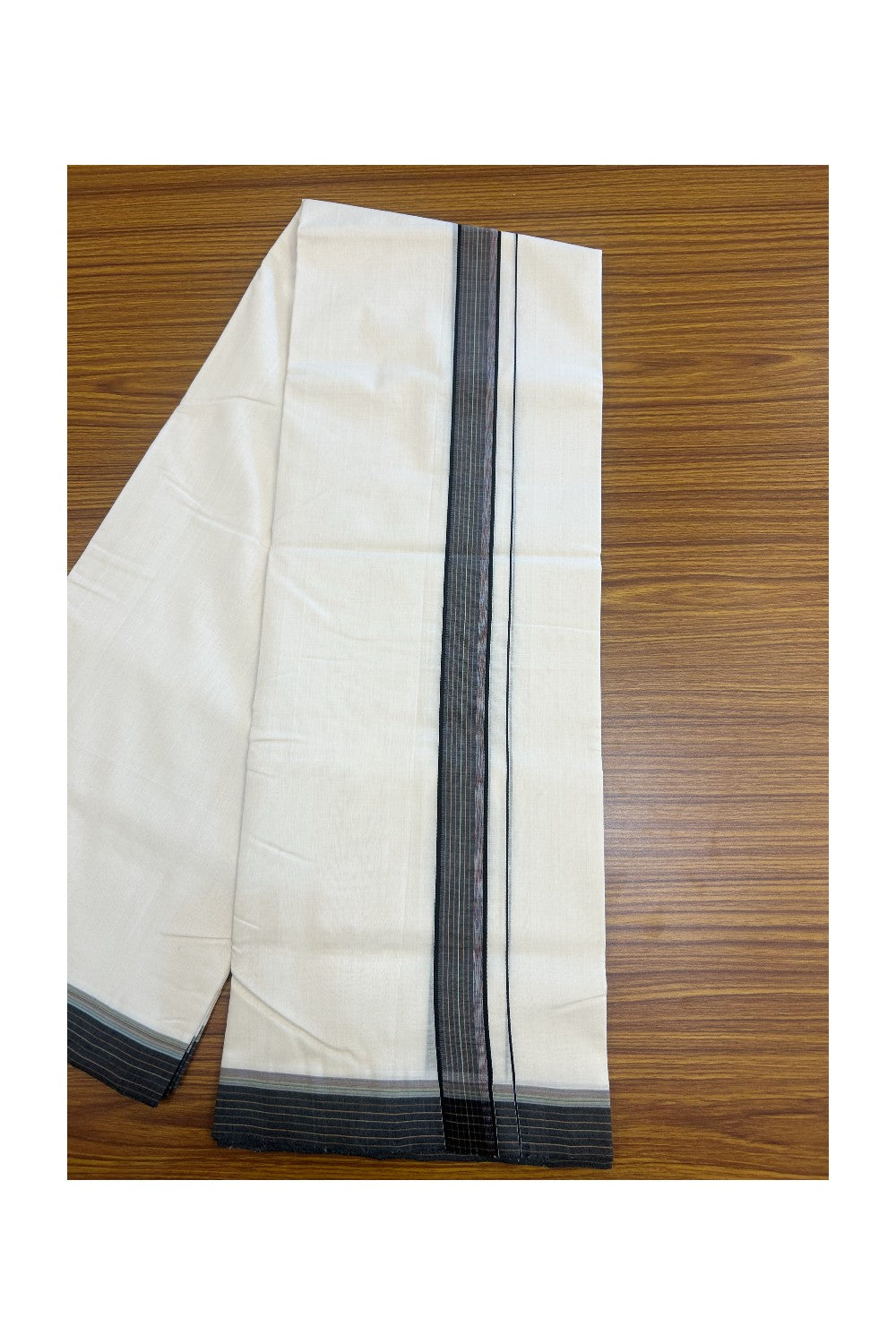 25% DISCOUNT!! KaithariKada HANDLOOM UNAKKUPAAV Balaramapuram - 100% PURE Cotton OFF White - (Unbleached) Double Mundu/Dothi - 100x100 - 1.25 inch Black shaded & Multi colour stripes kara 3.80 meter (8.5 Muzham) - 18KK5167REA