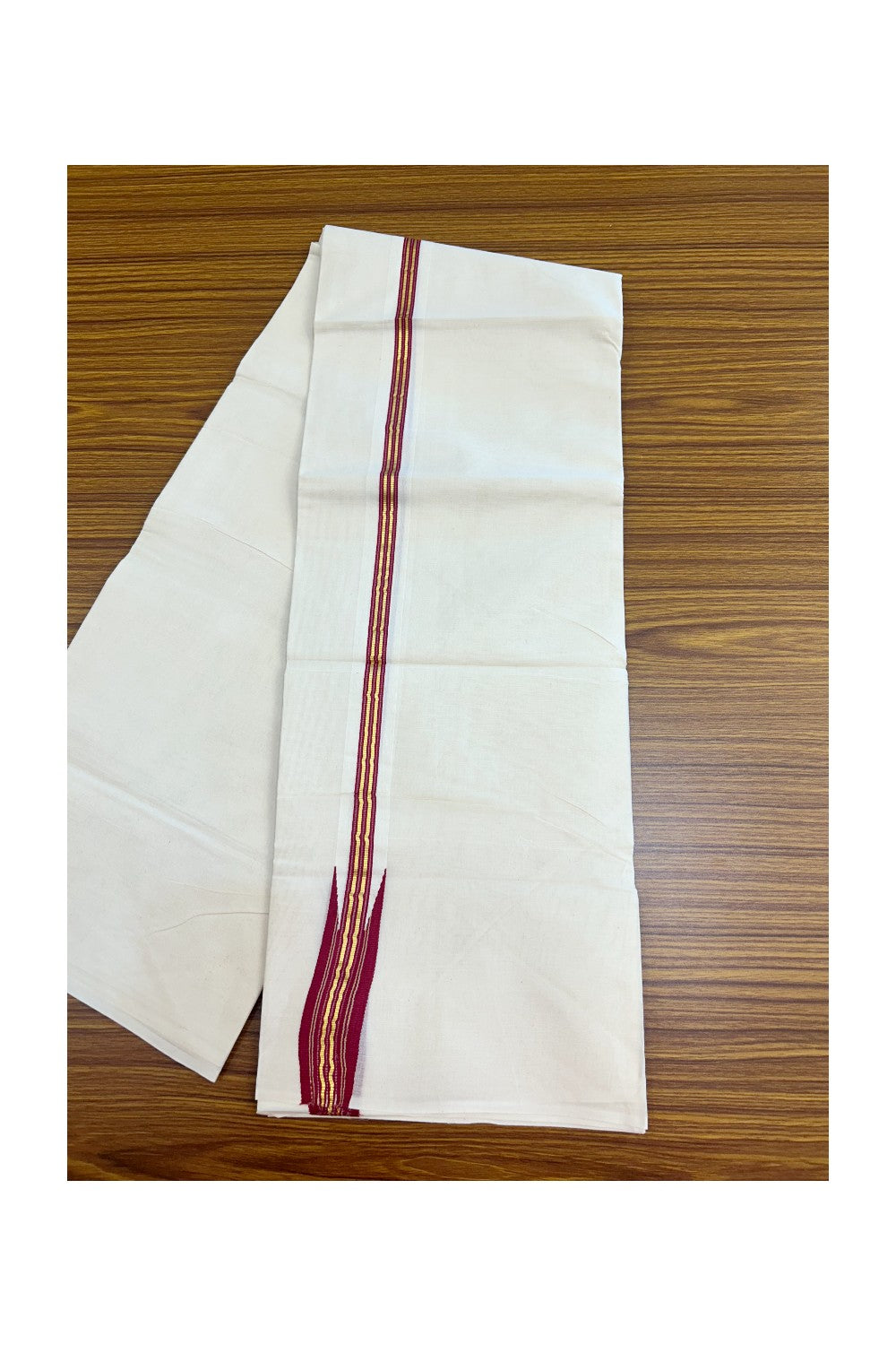 20% DISCOUNT!! KaithariKada Balaramapuram Pure Cotton DOUBLE OFF WHITE - (Unbleached) - Mundu/Dhoti - 100x80 - 1 inch Puliyilakkara Maroon & Kasav Chutty - 12KK5171GAN