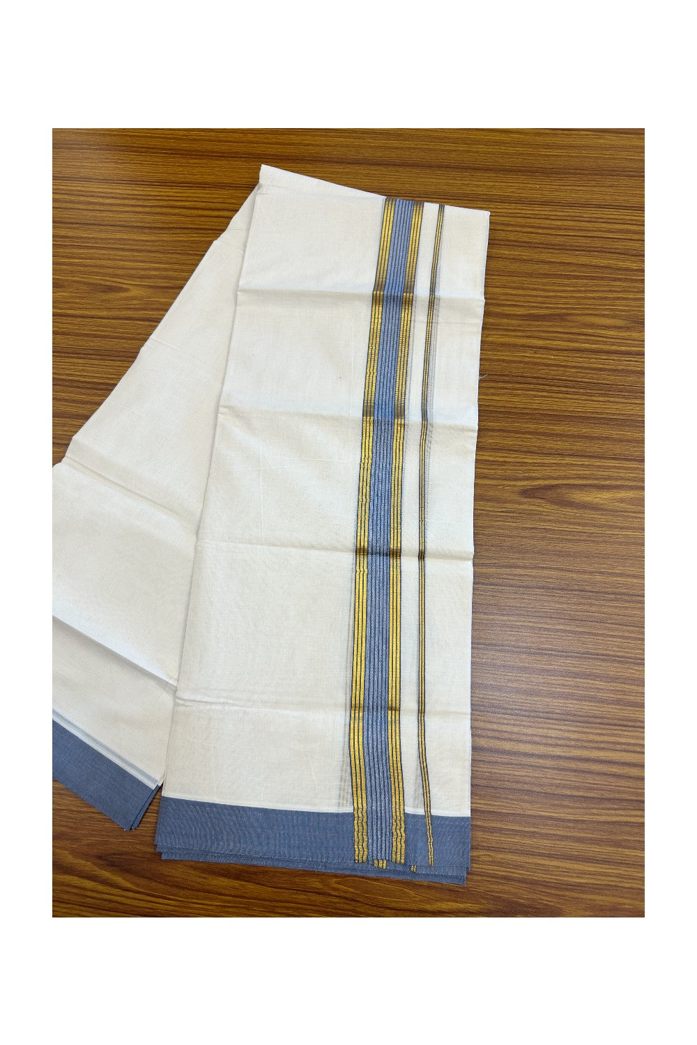 20% DISCOUNT! KaithariKada Balaramapuram Double OFF WHITE Mundu/Dhoti - 80x80 - 1.5 Inch Gold Kasavu & Dark Pastel Blue Shaded striped Kara - 12KK5182VAS