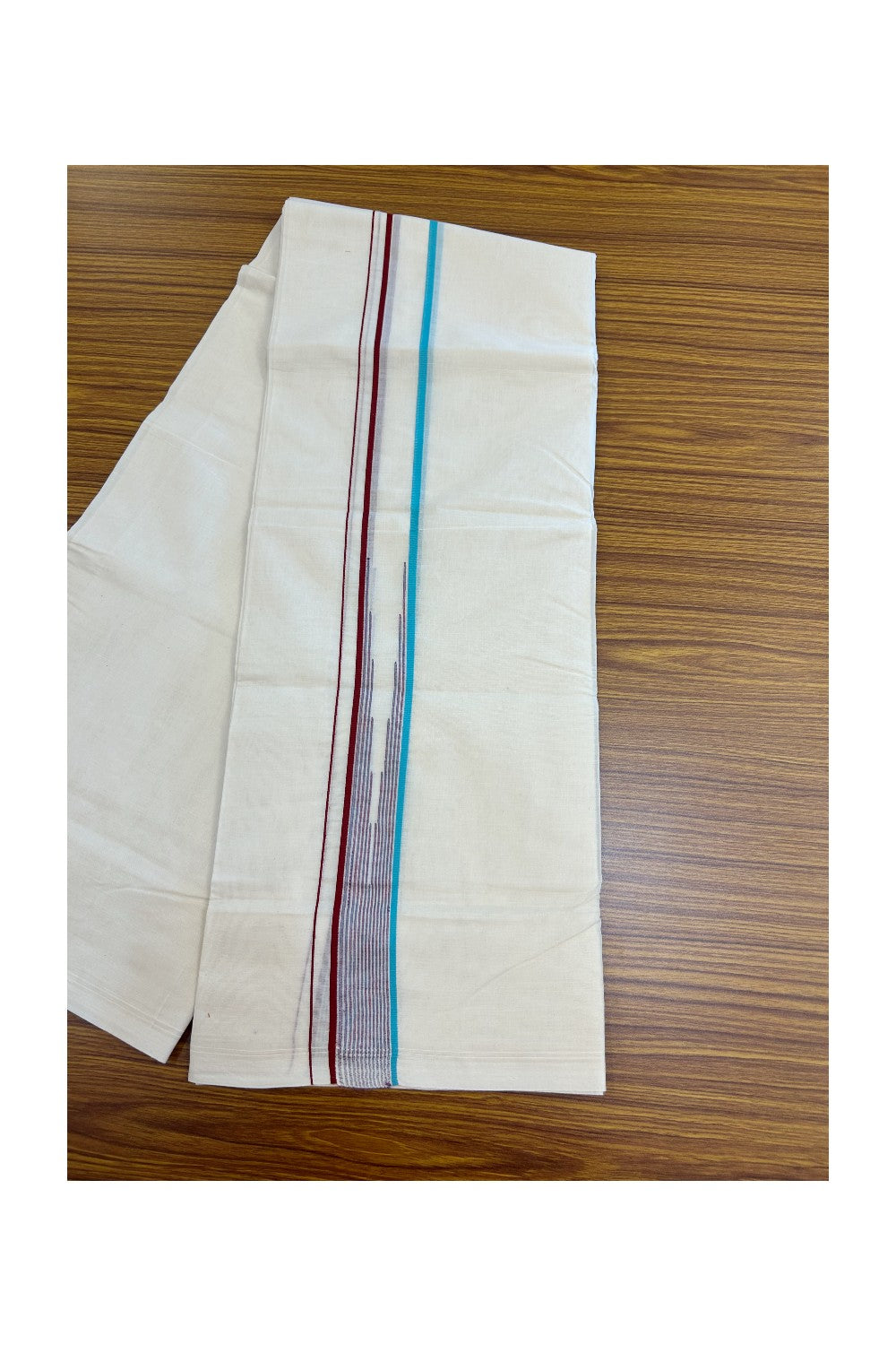 20% Discount ! Kaitharikada Balaramapuram 100% Cotton Double Off white (Unbleached) Mundu/Dhoti - 100x80 - 1.5 inch Turquoise Blue & Maroon Stripes Chutty Kara - 12KK5186CKS