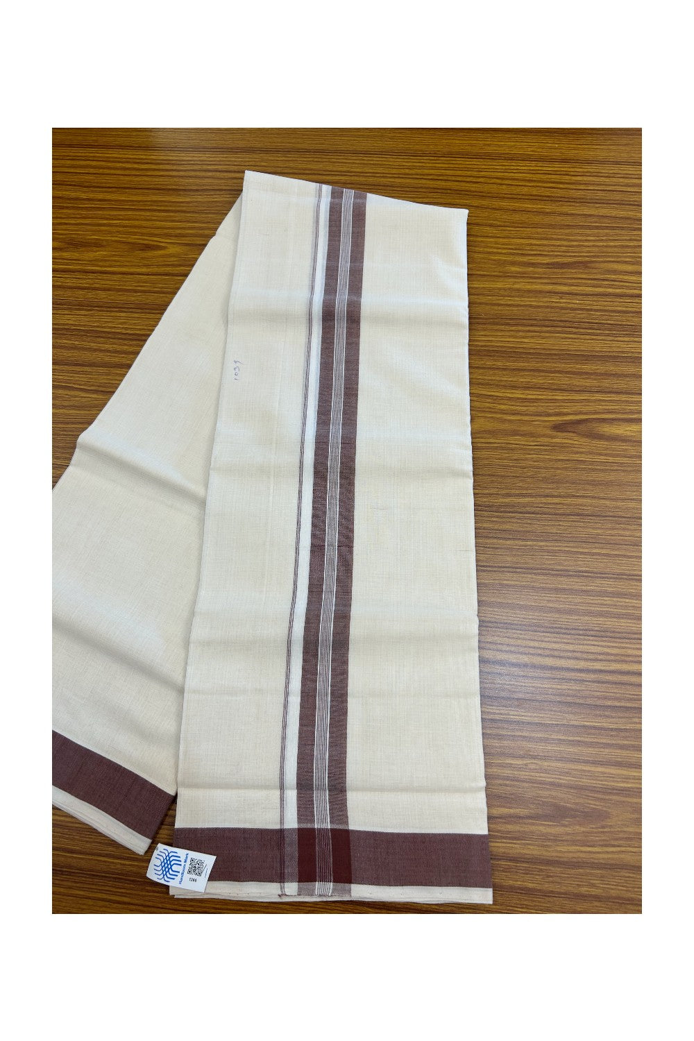 25% Discount KaithariKada HANDLOOM Unakkupaav Balaramapuram - 100% PURE Cotton off white (Unbleached) Double Mundu/Dhoti - 80X90 - 1.5 inch Light Brown Center Stripes Kara 3.80 mtr - 12KK5192ELA