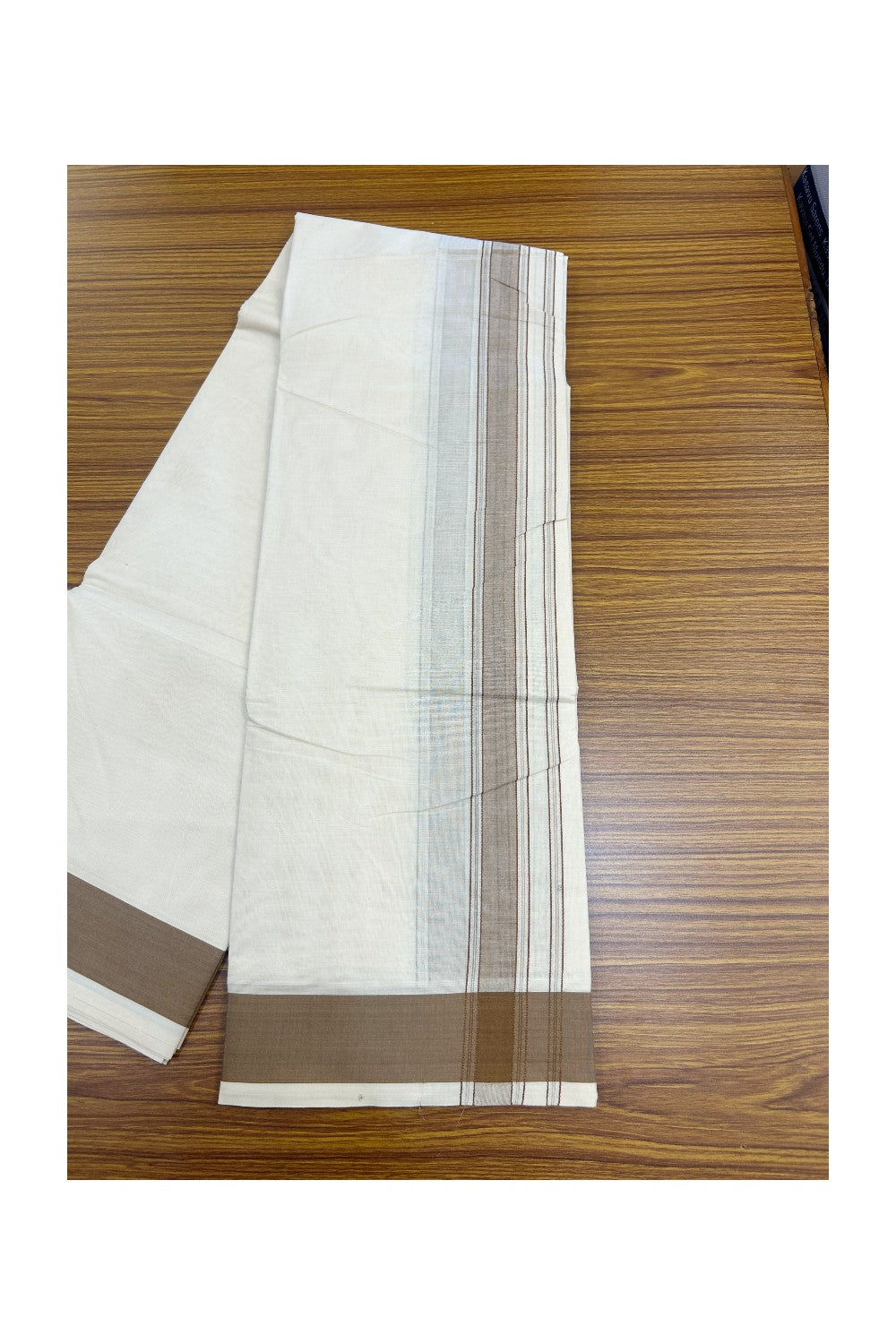 20% DISCOUNT! KaithariKada 100% Cotton Off White - (Unbleached) - Pure Cotton -100x100 thread - NORTH INDIAN - ATTACHED GAMCHA 9X5 Dhoti Light Brown Striped 1.5 inch Kara- 12KK5196PMC