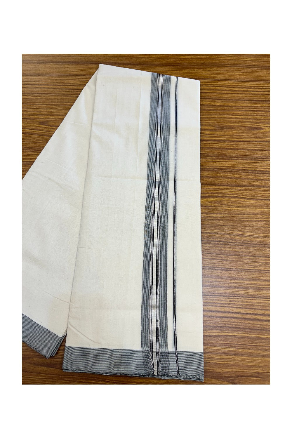 25% DISCOUNT!! KaithariKada HANDLOOM UNAKKUPAAV Balaramapuram - 100% PURE Cotton OFF White Double - (Unbleached)- Mundu/Dothi - 80X100 - 1.75 inch Black & Silver Kasavu Striped Kara - 12KK5209 REA