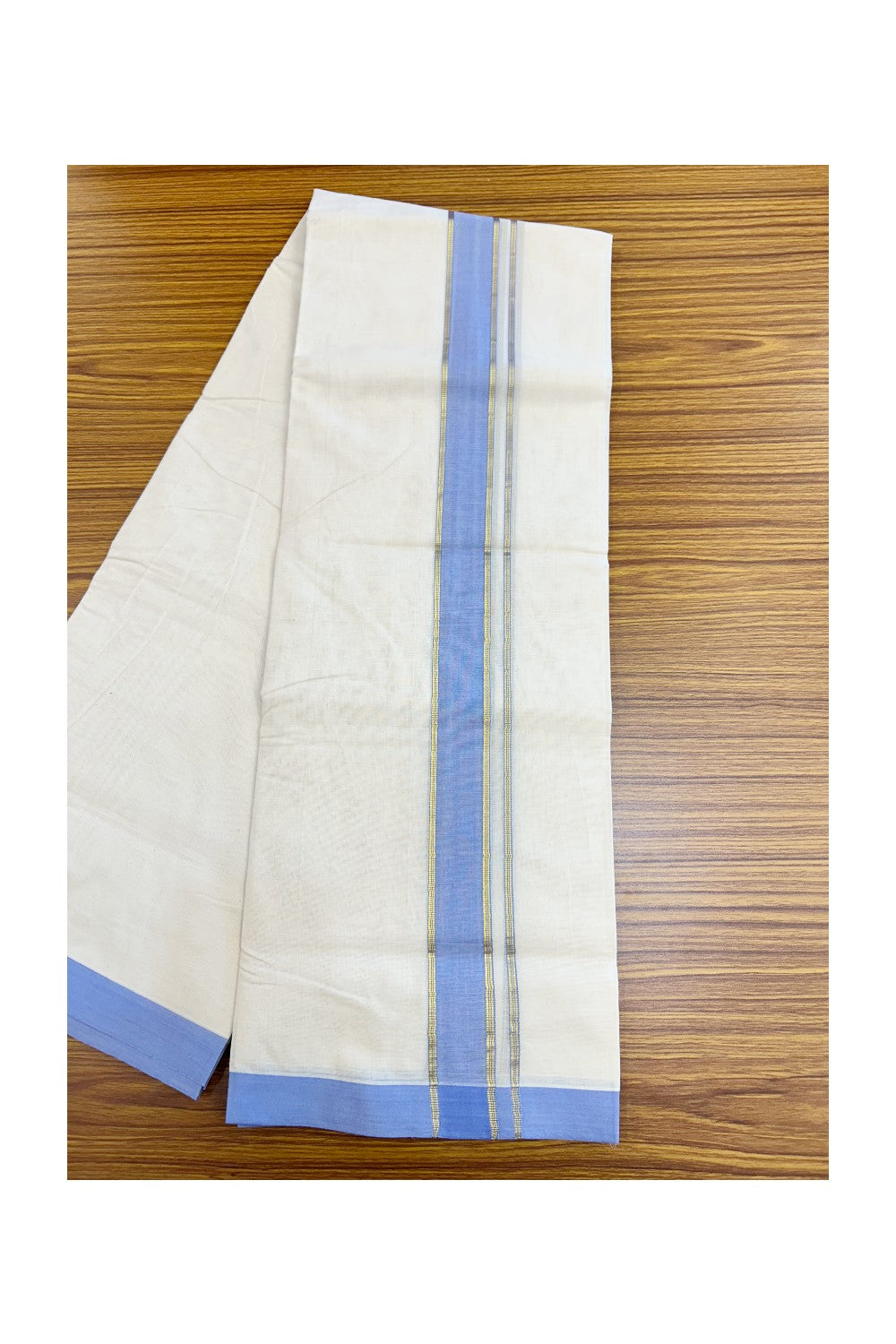 NEW !! 20% DISCOUNT!! KaithariKada Balaramapuram 100% Cotton Double Off white - (Unbleached) Mundu/Dhoti-100x80 - 1.5 inch Gold Kasavu & Lavender Blue Shaded Striped KARA - 3.75 mtr (8 Muzham) - 12KK5218 ASH