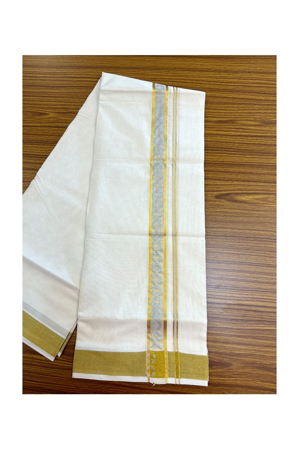 22% Discount!! KaithariKada Balaramapuram 100% Cotton DOUBLE OFF WHITE - (Ubleached) Mundu/Dhoti - 80x90 - 1.5 inch Gold Kasavu with Silver Floral Printed Design Kara - 12KK5219 GAN