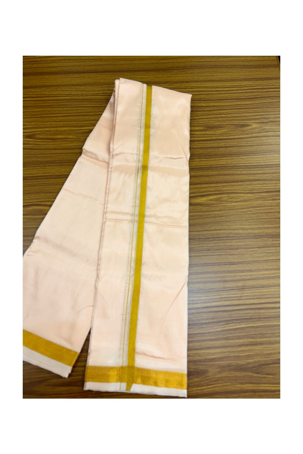 12% Discount!! KaithariKada Balaramapuram 100% Silk Double Mundu/Dhoti - Pastel Peach Colour Body - 0.5 inch Gold Kasav Kara 3.60 mtr (8 muzham) - 12KK5222 GAN