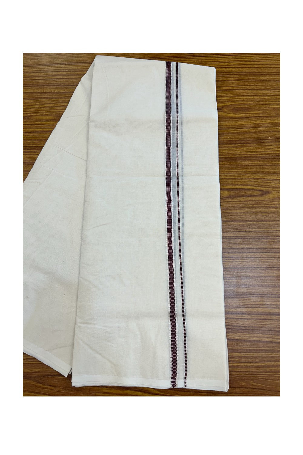 20% Discount KaithariKada Balaramapuram 100% Cotton Double Off white - (Unbleached) - Mundu/Dhoti - 100x100 - 1.5 cm Silver Kasav & Brown Design Kara - 12KK5226 ASH