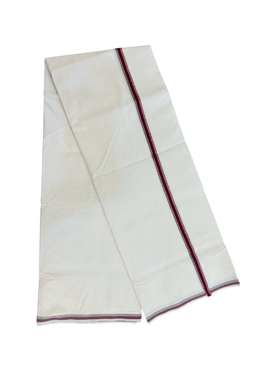 20% Discount!! KaithariKada Balaramapuram 100% COTTON SINGLE OFF WHITE - (Unbleached) Mundu/Dhoti - 100X100 - 0.5 inch Maroon & Silver Kasavu Striped Kara(2 meter / 4 muzham) - 12KK5228 ASH