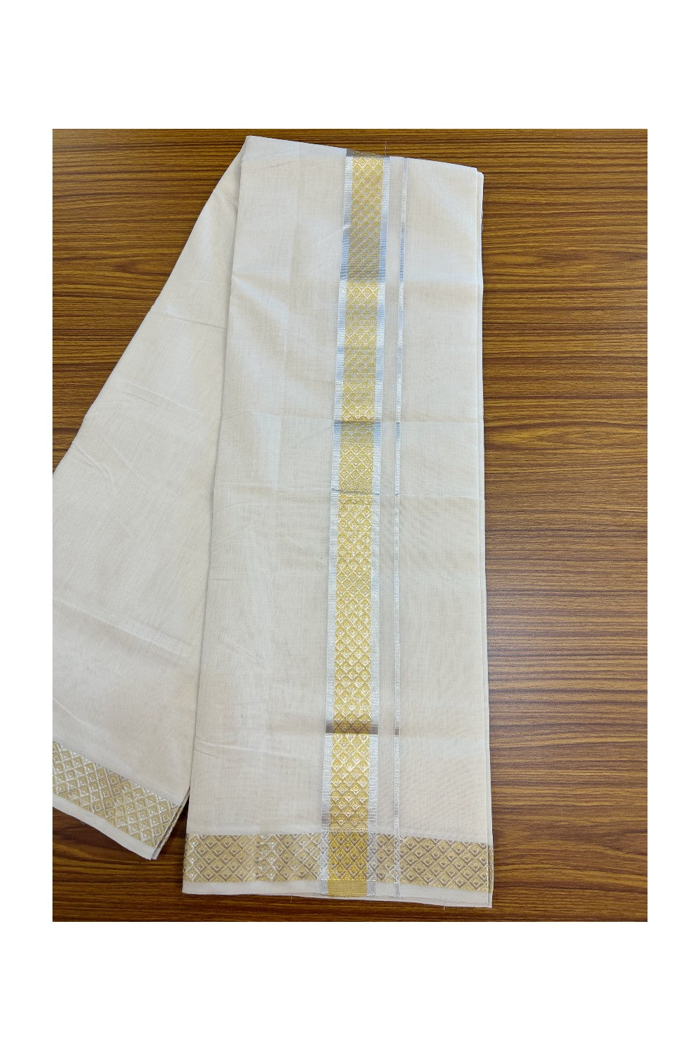 25% DISCOUNT ! KaithariKada HANDLOOM Unakkupaav Balaramapuram - 100% PURE Cotton OFF WHITE - (Unbleached) Double Mundu/Dhoti - 80x90 - 1.75 inch Gold Kasavu & Silver Jacquard Design Kara 3.80 meter (8 Muzham) - 11KK5231 ABH