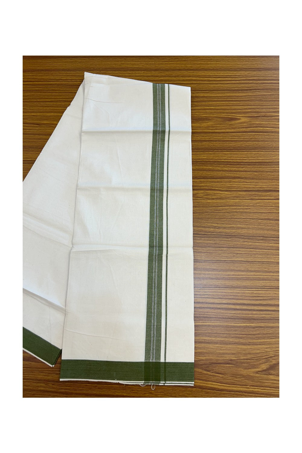 24% Discount !! KaithariKada Balaramapuram 100% Cotton OFF WHITE (Unbleached) Single Mundu/Dhoti - Twisted 60s Thread - 1 inch Olive Green shaded striped Kara (2 meter / 4 muzham) - 42KK5241 GL