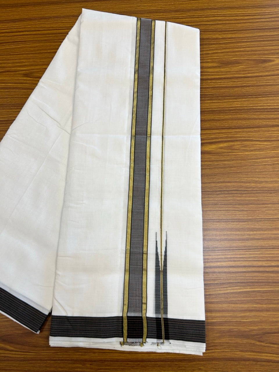 25% Discount!! NEW ULTRA PURE WHITE THREAD HANDLOOM Balaramapuram - 100% MERCERISED Cotton Double Mundu/Dhoti - 120 twisted warp x 80s weft - Black Brown Stripes Gold Kasav Chutty Kara- 12KK5248 REA