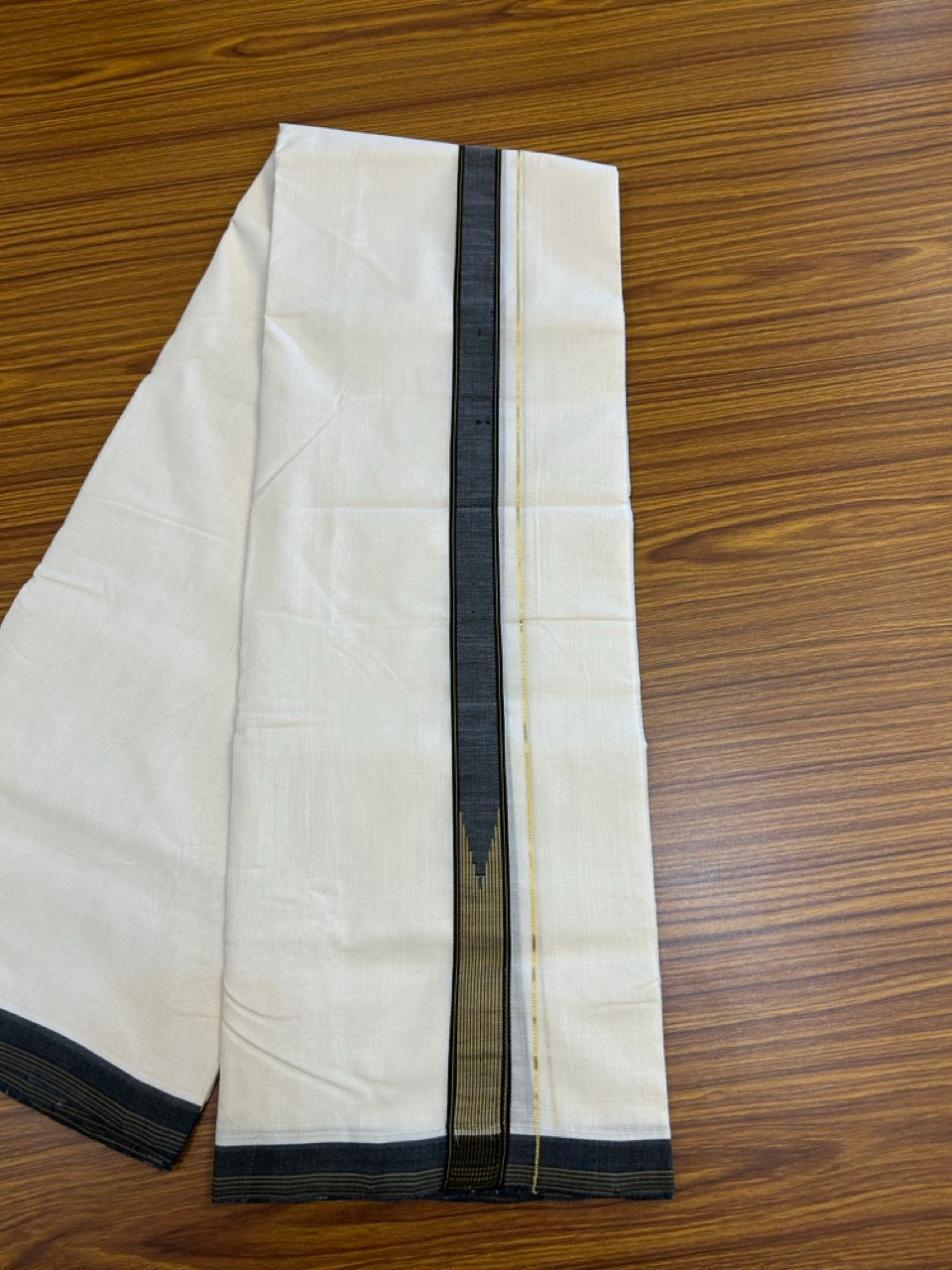 25% DISCOUNT!! KaithariKada HANDLOOM UNAKKUPAAV Balaramapuram - 100% PURE Cotton OFF White - (Unbleached) Double Mundu/Dothi - 100 x 80 - Black Brown Chutty Kara PURE JERRY - 3.85meter - 12 KK5249 REA
