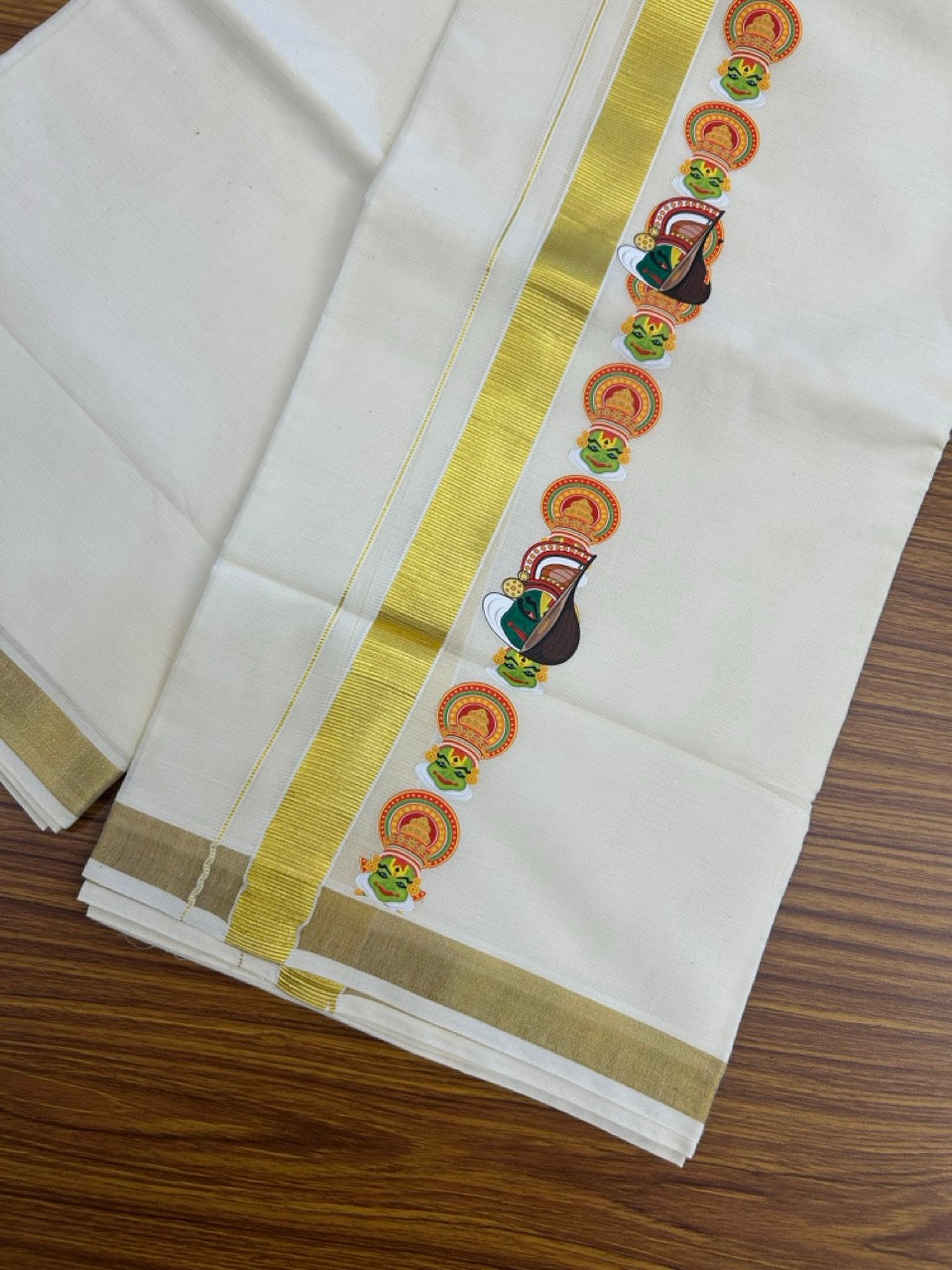 25% Discount!! KaithariKada Balaramapuram Mixed Cotton Double Off white - (Ubleached) Mundu/Dhoti - 80x72 - 1 inch Kasavu & Kathakali Printed Design Kara - 12 KK5262 MUT