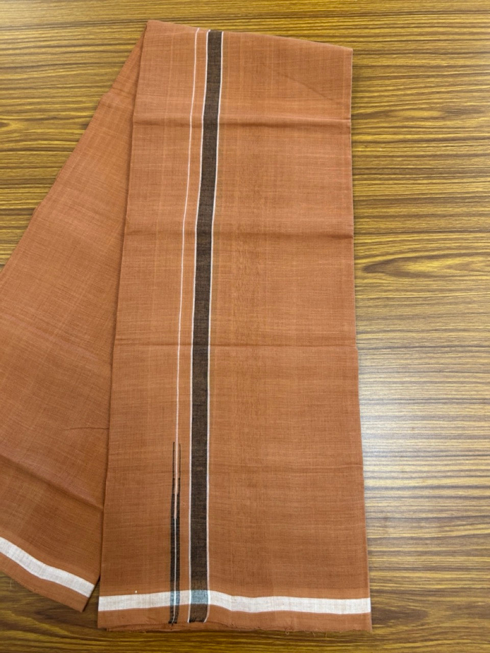 HANDLOOM Single KaithariKada - 10% Discount ! 100% Pure Cotton - Mundu/Dhoti KAVI COLOUR BODY 2cm BLACK & WHITE Kara Stripes Chutty (2 meter / 4 muzham)- 12KK8026ELA