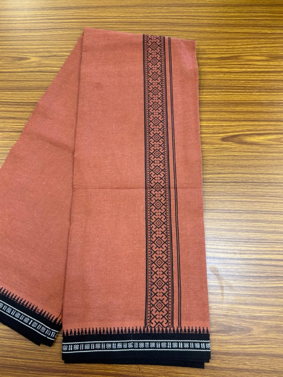 8% Discount!!! Kaitharikada Mixed Cotton Single KAVI - Kaily / Lungi - 3.25 inch Black Tribal Kuppadam Border (2 meter / 4 muzham) - 12KK8027 AS