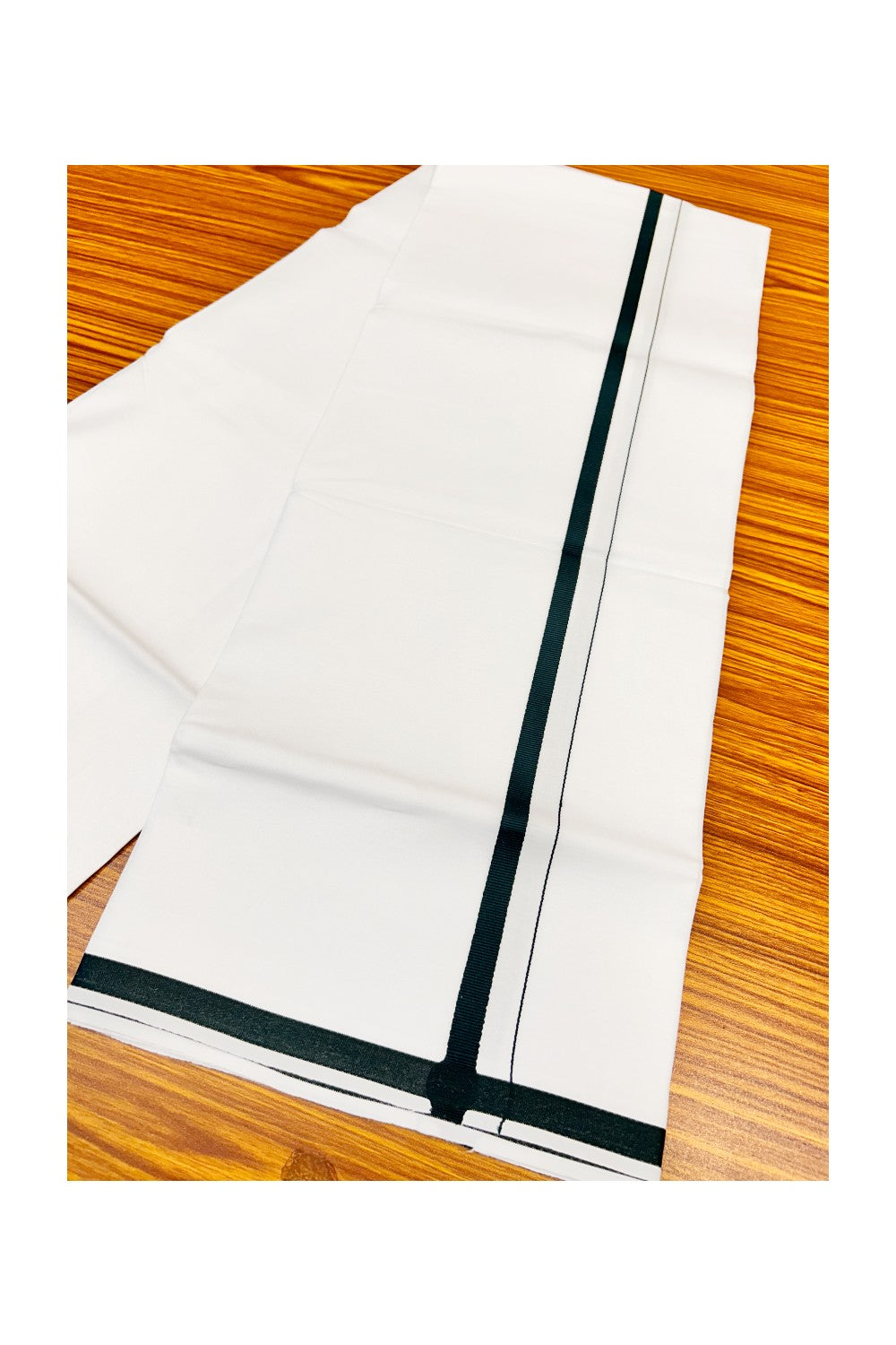 15% OFFER!! KaithariKada 100% Cotton PURE WHITE SINGLE Mundu/Dhoti-40X40 2cm (2 meter / 4 muzham) Dark Green Kara- 12sar