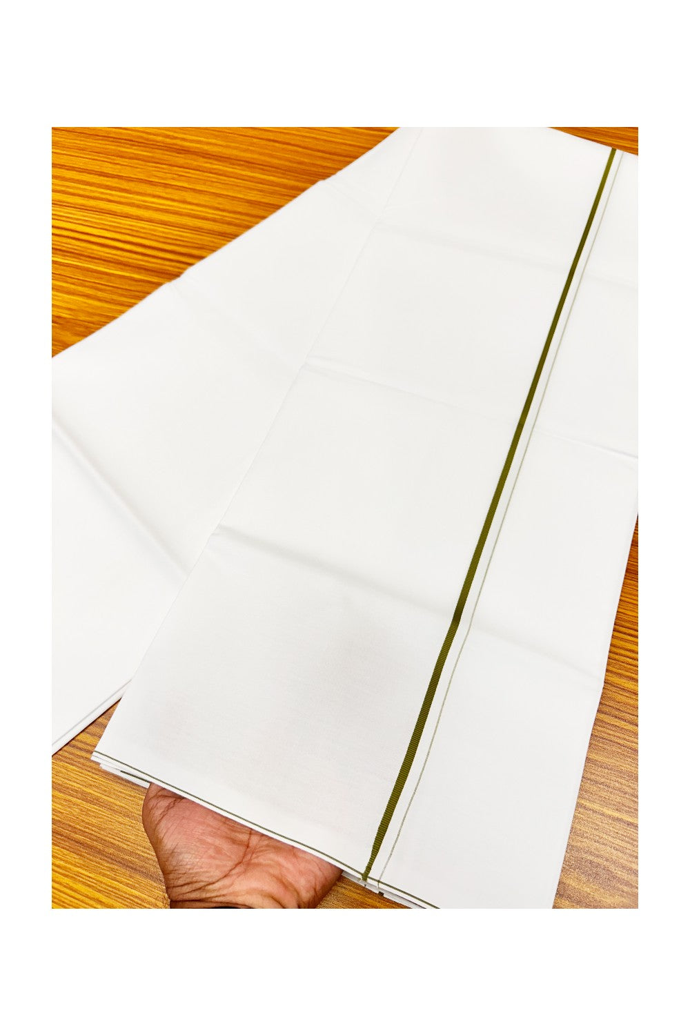 21% OFFER!! KaithariKada WRINKLE FREE Cotton PURE WHITE SINGLE Mundu/Dhoti-40X40 Light Green 1cm (2 meter / 4 muzham) Kara- 12uat