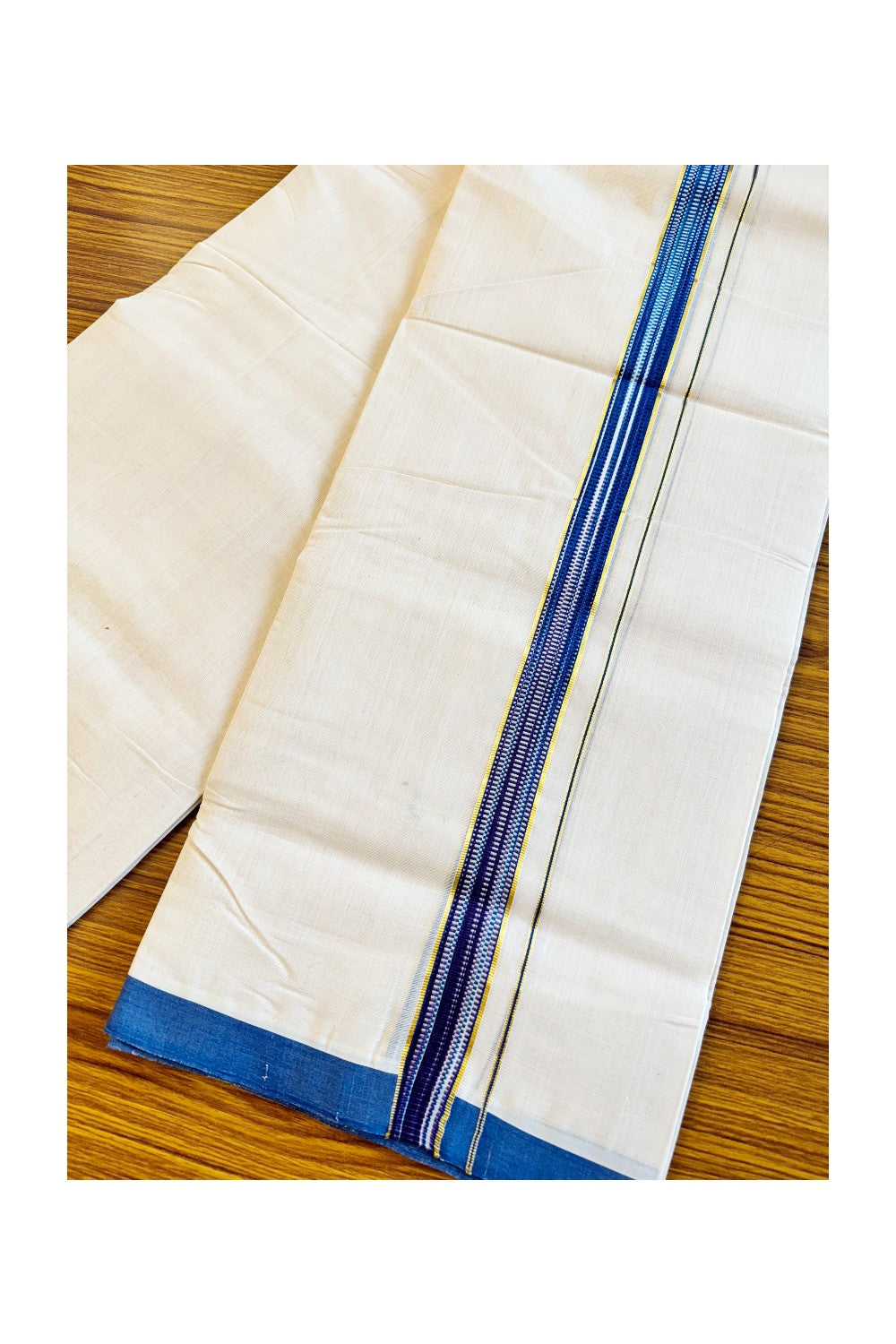 30% DISCOUNT!! KaithariKada HANDLOOM Unakkupaavu Balaramapuram - 100% PURE Cotton OFF White (Unbleached) Double Mundu/Dothi - BLUE + VIOLET Kasavu Striped 1 inch Kara - KK46SOM - 12.