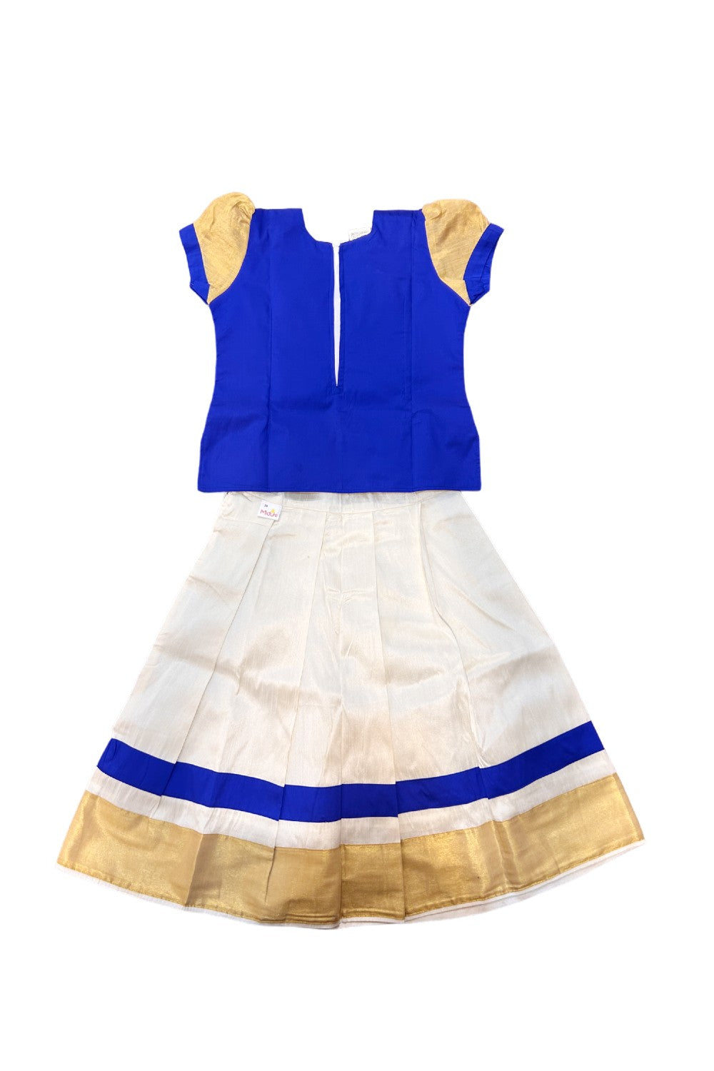 Midukki-Traditional South Indian Kids Pattu Pavada- Blue top offwhite skirt with kasavu - Age 6 - KK6MID0012