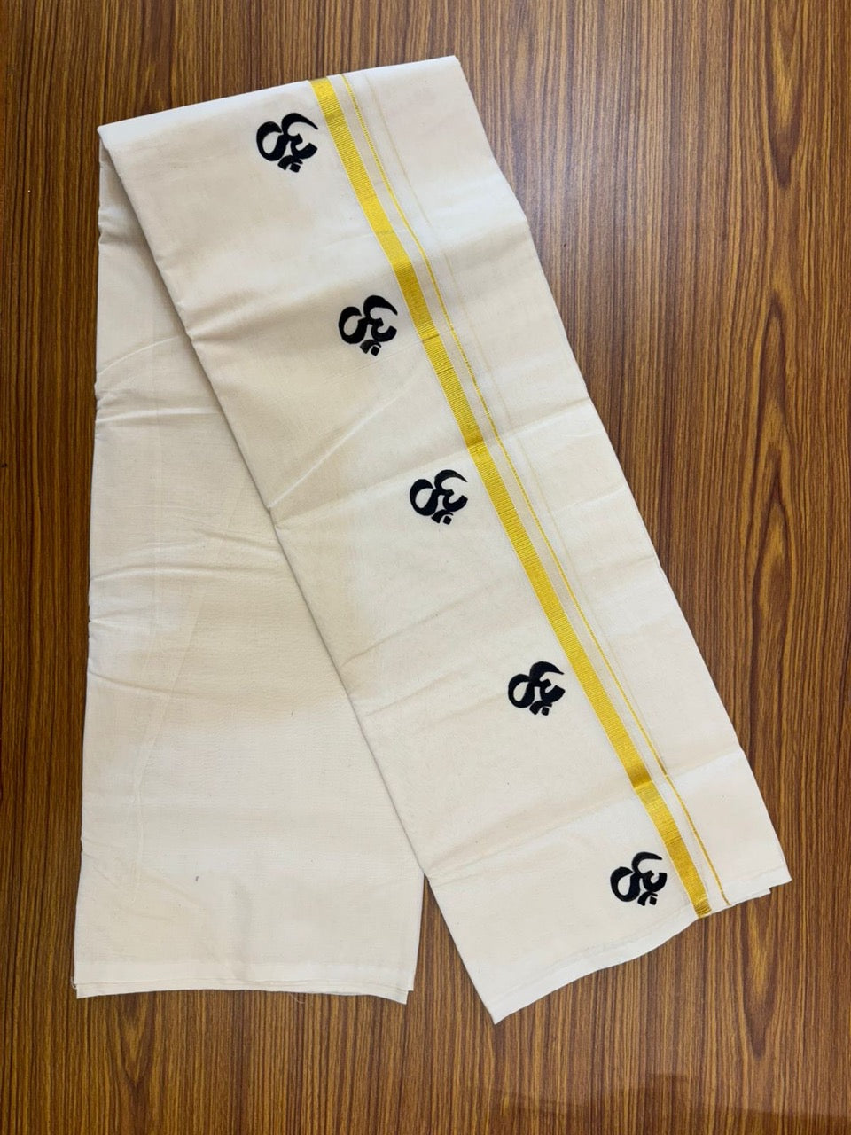 KaithariKada Balaramapuram 100% Cotton Double Off white - (Unbleached) Mundu/Dhoti-100x80 - 0.5 inch Hand Painted Gold Kasav & Black Ohm Design Kara 3.75 mtr (8 muzham) - 14 KK5244 ASH