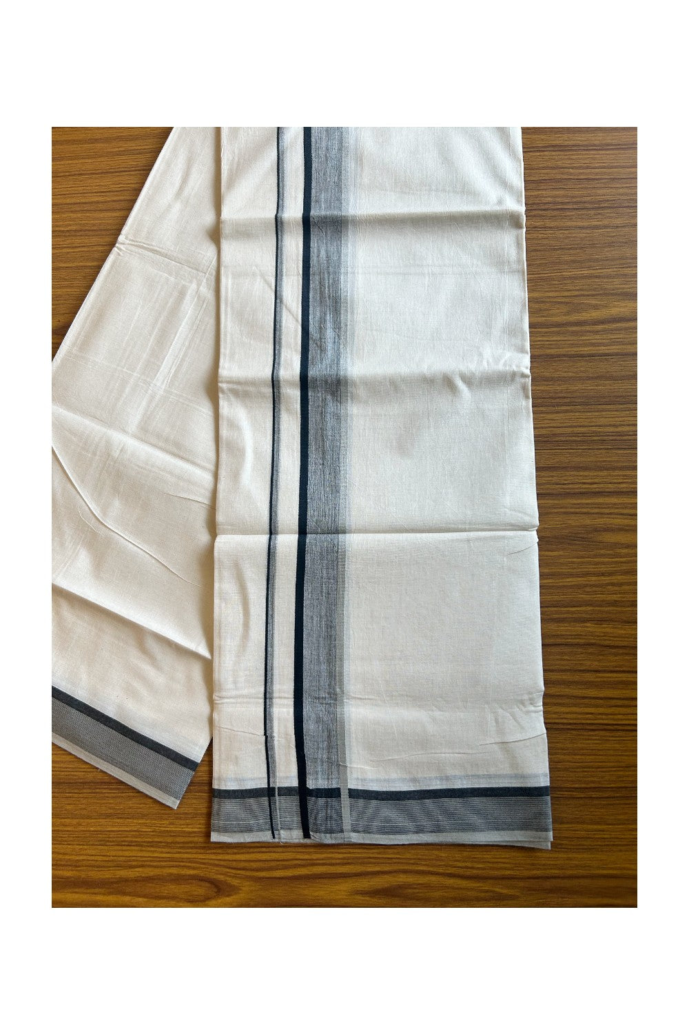 15% DISCOUNT! KaithariKada Balaramapuram 100% Cotton Off white (Unbleached) Double Mundu/Dhoti-100x90 2.5inch Black Shaded kara - 12KK431VAS