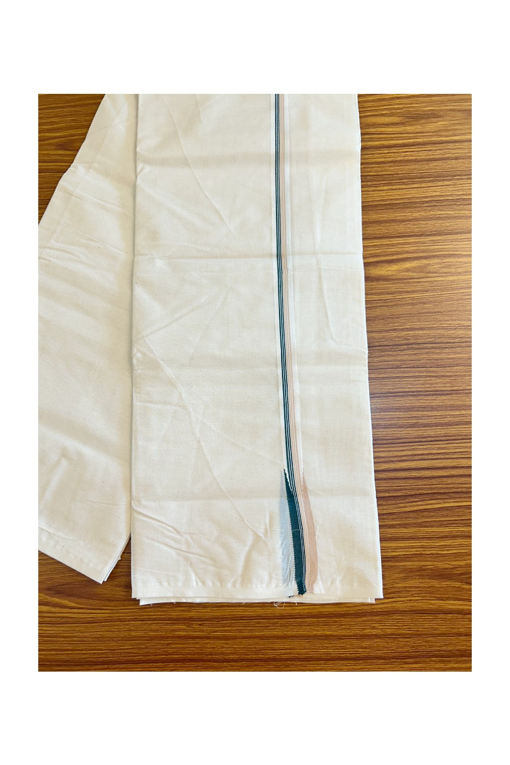 25% Discount! KaithariKada 100% Cotton Off White (Unbleached) Double Dhoti/Mundu- 2cm Green & Cream stripes Puliyilakkara Chutty- 16KK455ASH