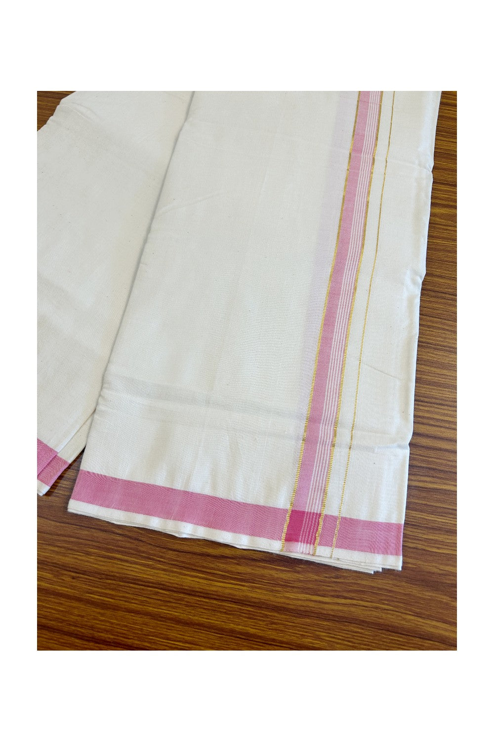 25% Discount KaithariKada 100% Cotton Balaramapuram HANDLOOM Single Mundu/Dhoti - Off White - (Unbleached) 1.5 inch Kasavu & Pink Striped Kara (2 meter / 4 muzham) - 12KK499KK