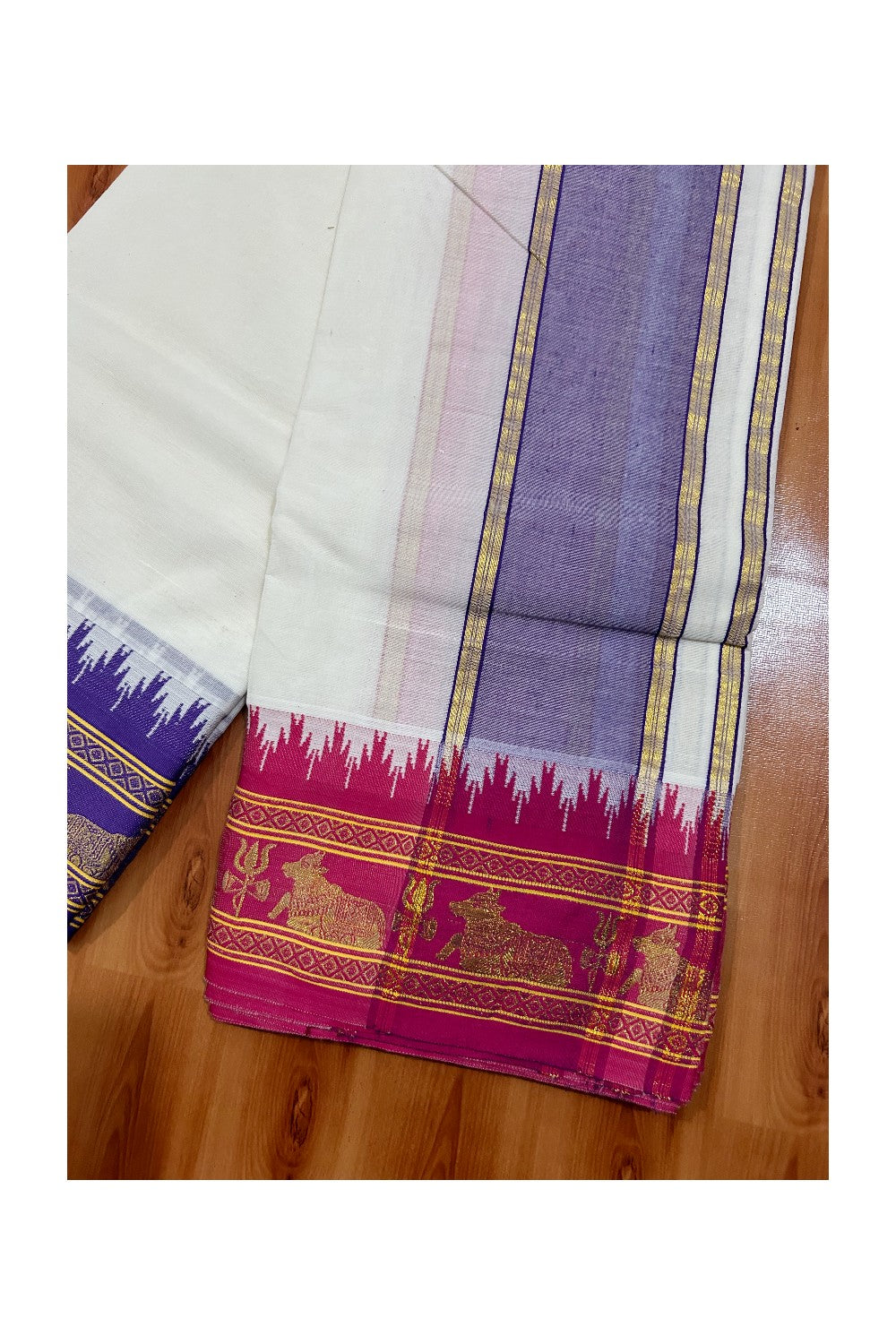 Panchakacham Dhoti -36% DISCOUNT! KaithariKada Cotton Mix Off White - (Unbleached) - 80x80 thread - 80% Cotton & 20% Polyester - NORTH INDIAN - ATTACHED GAMCHA 9X5 Dhoti 5 inch Violet kara with Pink & Violet Kasavu border - 12KK5005PMC