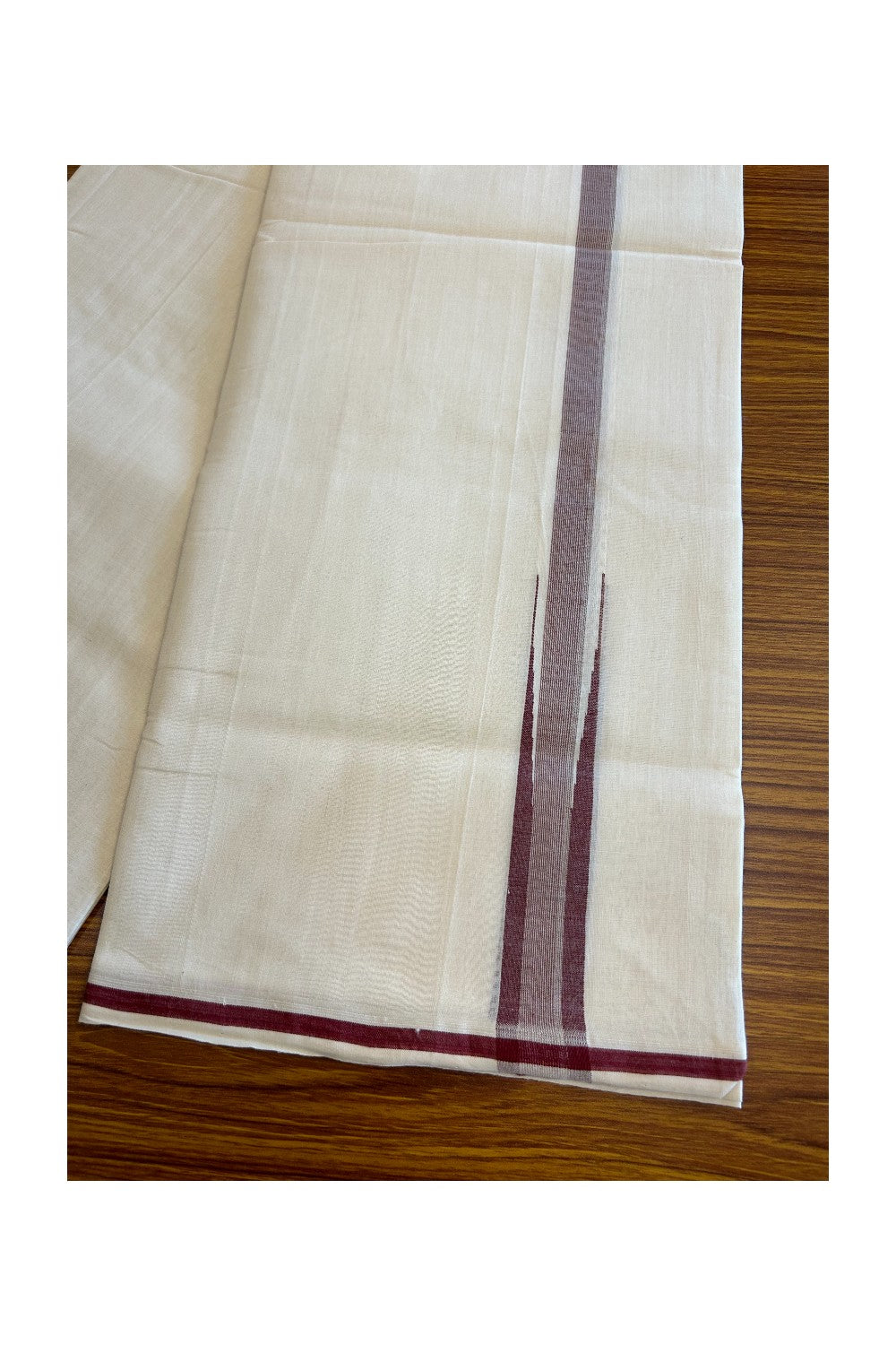 30% DISCOUNT!! KaithariKada HANDLOOM UNAKKUPAAV Balaramapuram - 100% PURE Cotton OFF White - (Unbleached) Double Mundu/Dothi - Puliyilakkara chutty 1 inch Maroon & Silver stripes - 12KK5011RAM