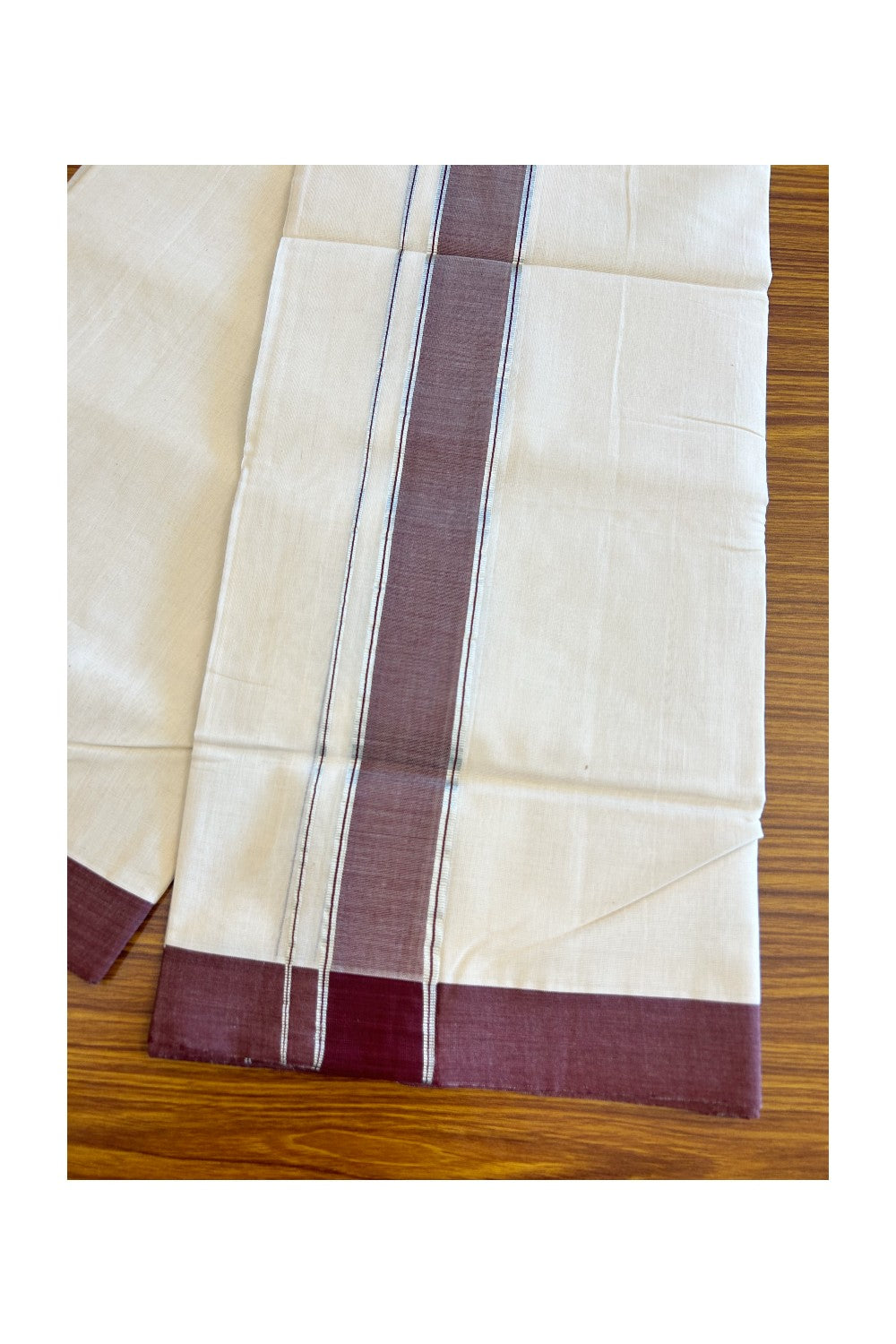 25% Discount KaithariKada HANDLOOM Unakkupaav Balaramapuram - 100% PURE Cotton off white (Unbleached) Double Mundu/Dhoti - 2.5 inch Vine Brown & Silver Kasavu Kara-162