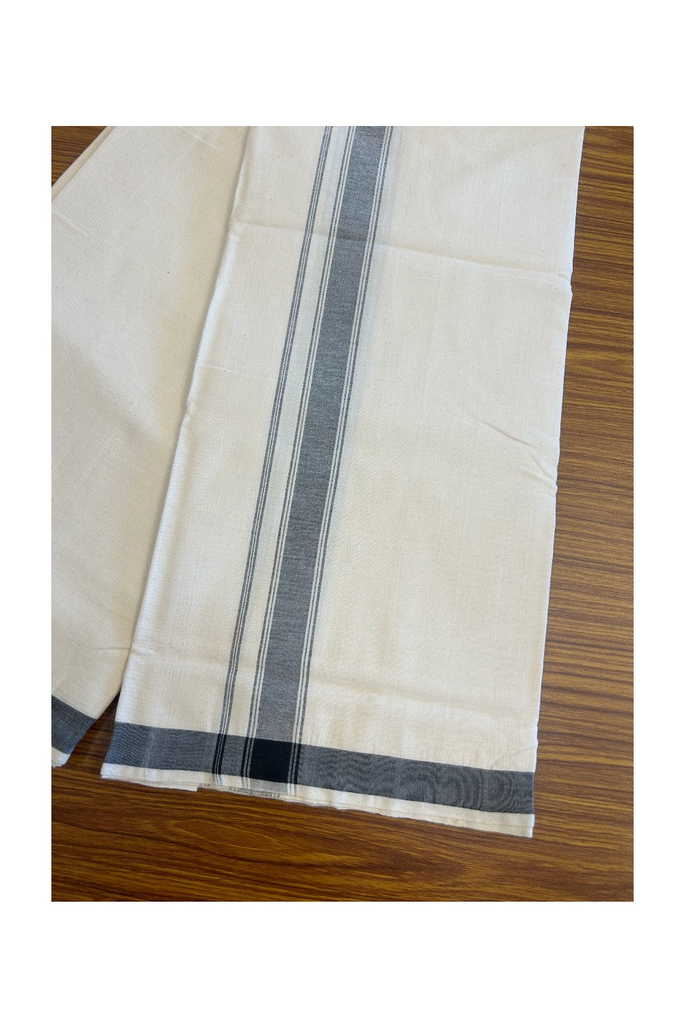30% Discount KaithariKada 100% Cotton Balaramapuram HANDLOOM Single Mundu/Dhoti - Off White (Unbleached) 1.75inch (2 meter / 4 muzham) Black Kara Stripes- 328