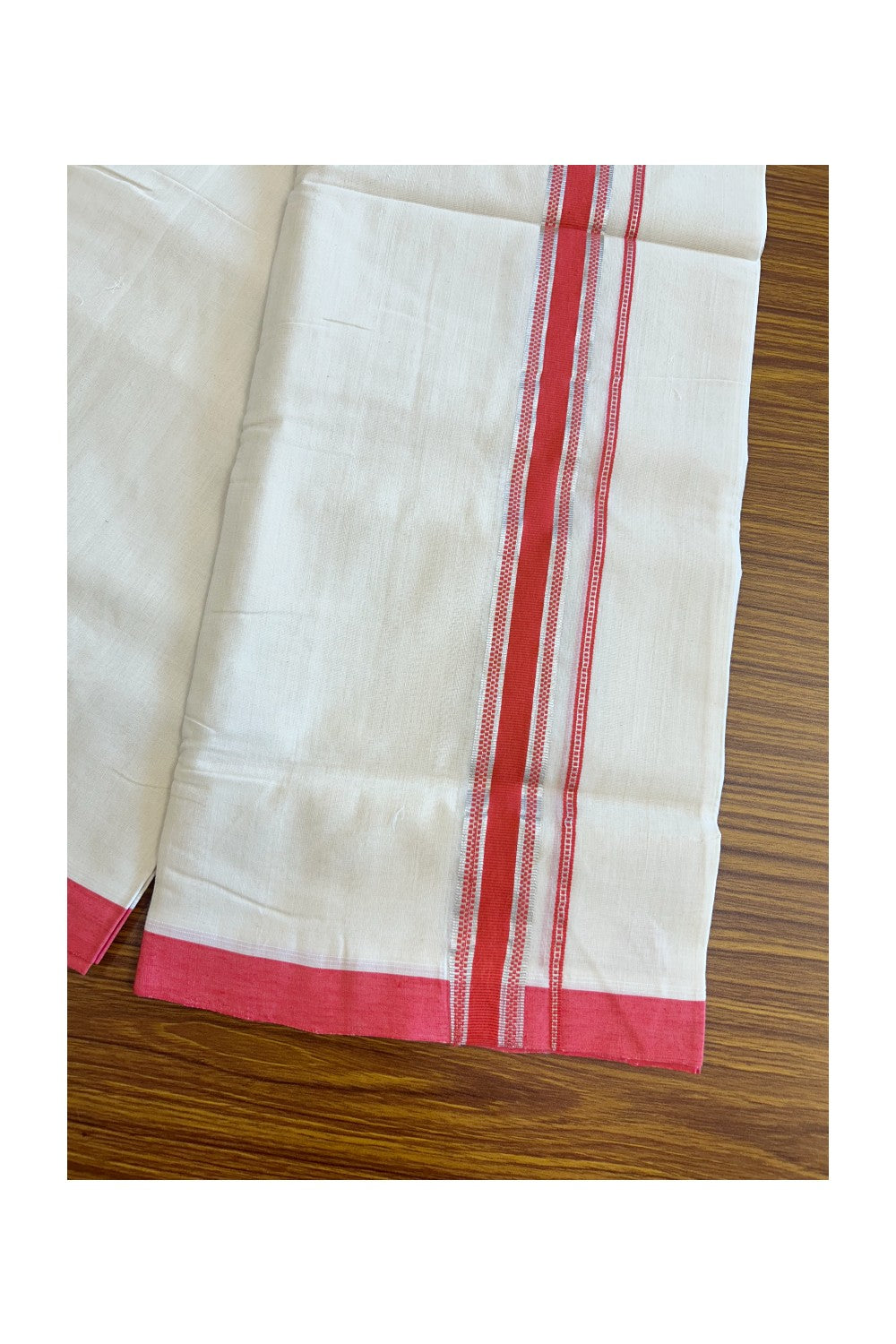 30% DISCOUNT! KaithariKada BALARAMAPURAM HANDLOOM UNAKKUPAAV - 100% PURE Cotton off white (Unbleached) Double Mundu/Dhoti - 1.75 inch Pink Red & Silver Kasavu Designer Kara- 3.60 mtr (8 Muzham)-52