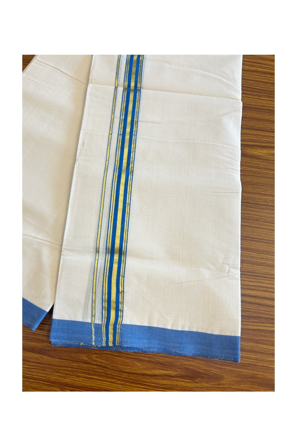 25% Discount KaithariKada Balaramapuram Handloom 100% Cotton Double Off white (Unbleached) Mundu/Dhoti-100X100- 1.75inch Gold Kasavu & Blue Kara.-5.