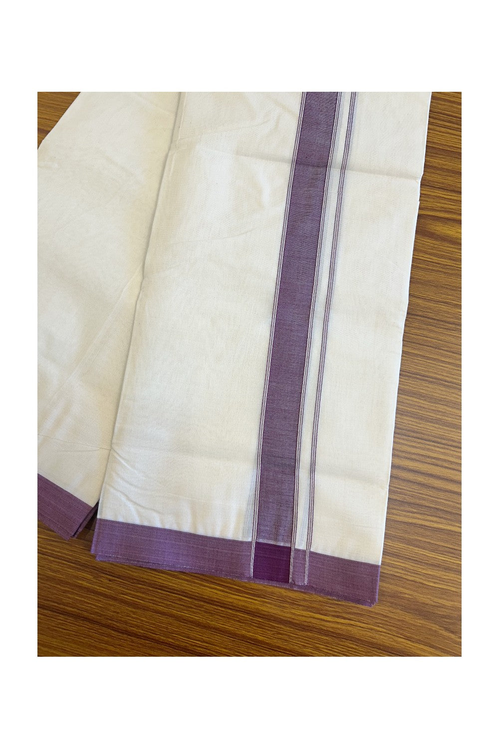 NEW !! 14% DISCOUNT!! KaithariKada Balaramapuram 100% Cotton Double Off white - (Unbleached) Mundu/Dhoti-100x80 - 1 inch PURPLE ,VIOLET KARA - 3.75 mtr (8 Muzham)