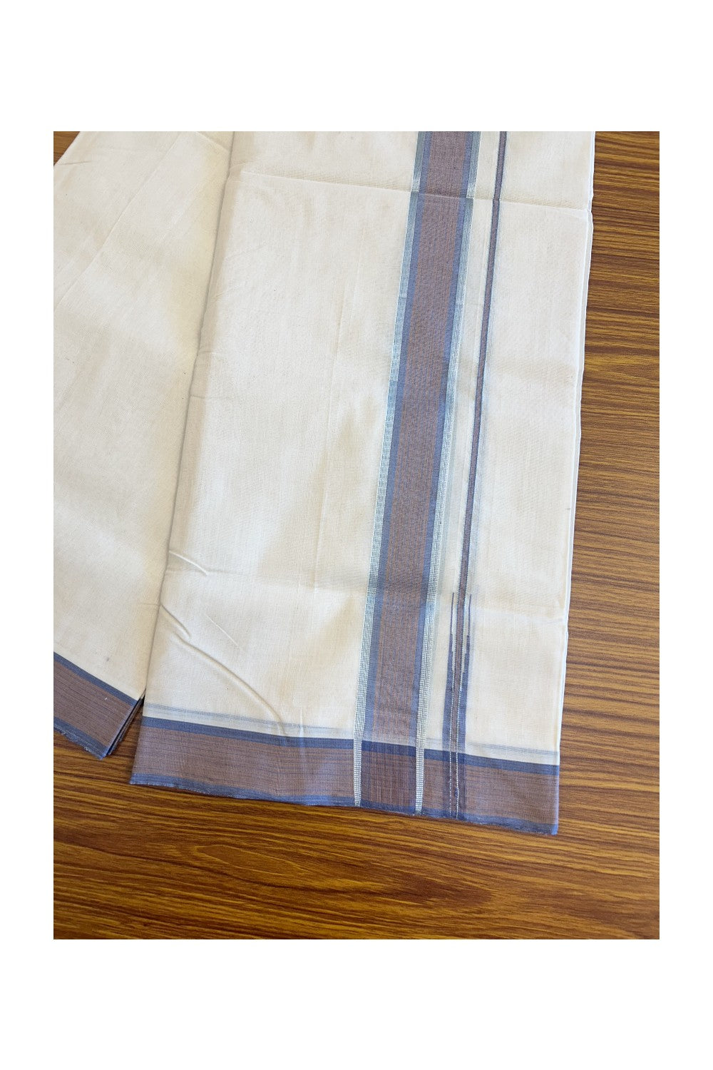 30% DISCOUNT!! KaithariKada BALARAMAPURAM HANDLOOM Unakkupaav- 100% PURE Cotton 100x100 Double Mundu/Dhoti OFF WHITE - (Unbleached) PULIYILAKKARA SILVER & Kasavu BLUE & BROWN COLOUR 1.5 inch KARA-1KK44RAM.